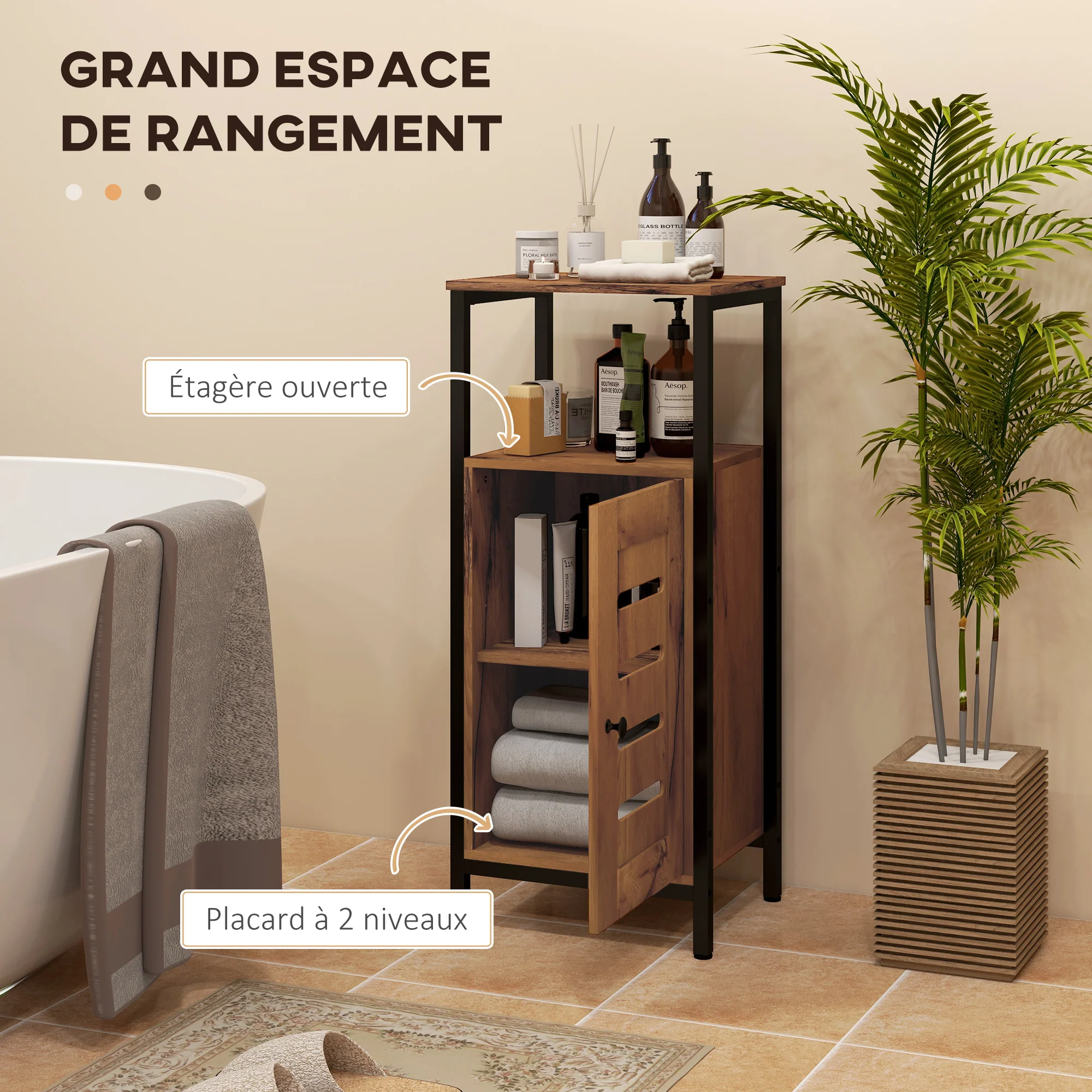 Meuble bas de salle de bain avec porte à lamelles, armoire de toilette avec structure en acier, meuble de rangement avec niche ouverte et étagère réglable, 37 x 30 x 85 cm, brun rustique - Image 5
