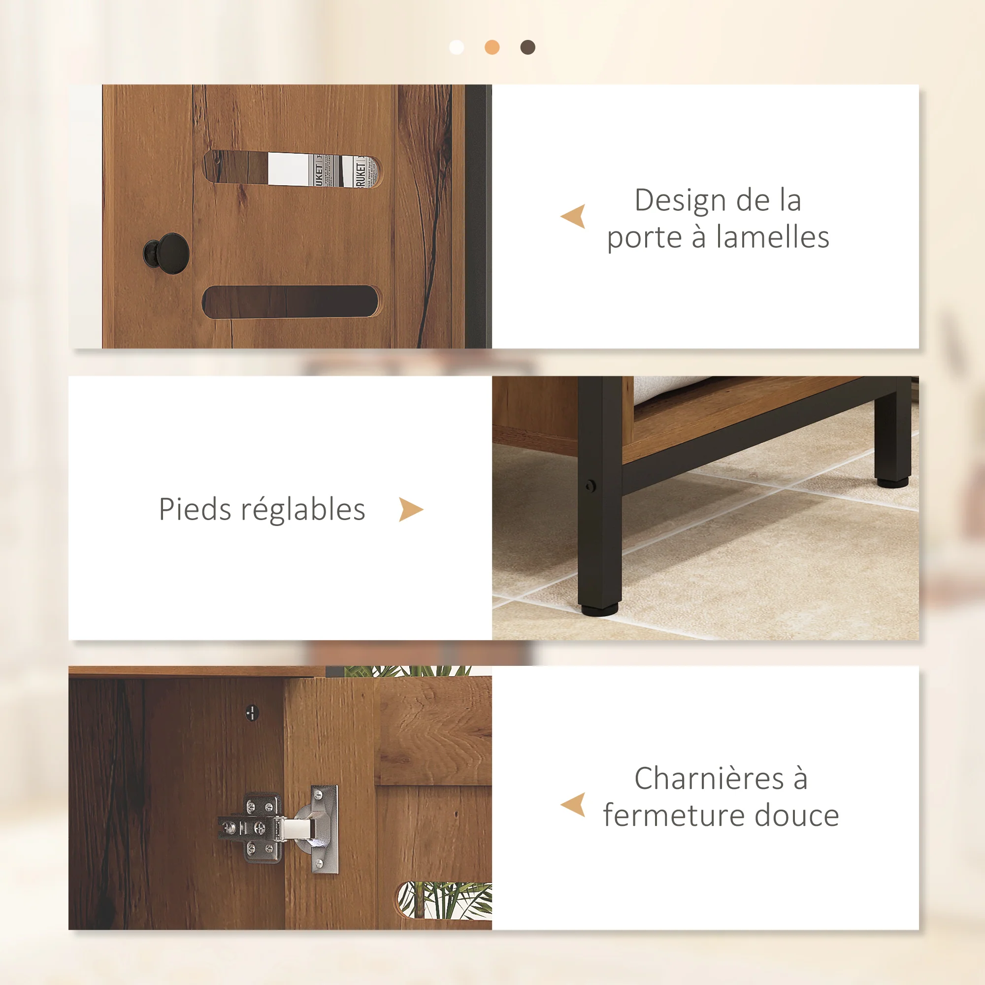 Meuble bas de salle de bain avec porte à lamelles, armoire de toilette avec structure en acier, meuble de rangement avec niche ouverte et étagère réglable, 37 x 30 x 85 cm, brun rustique - Image 8