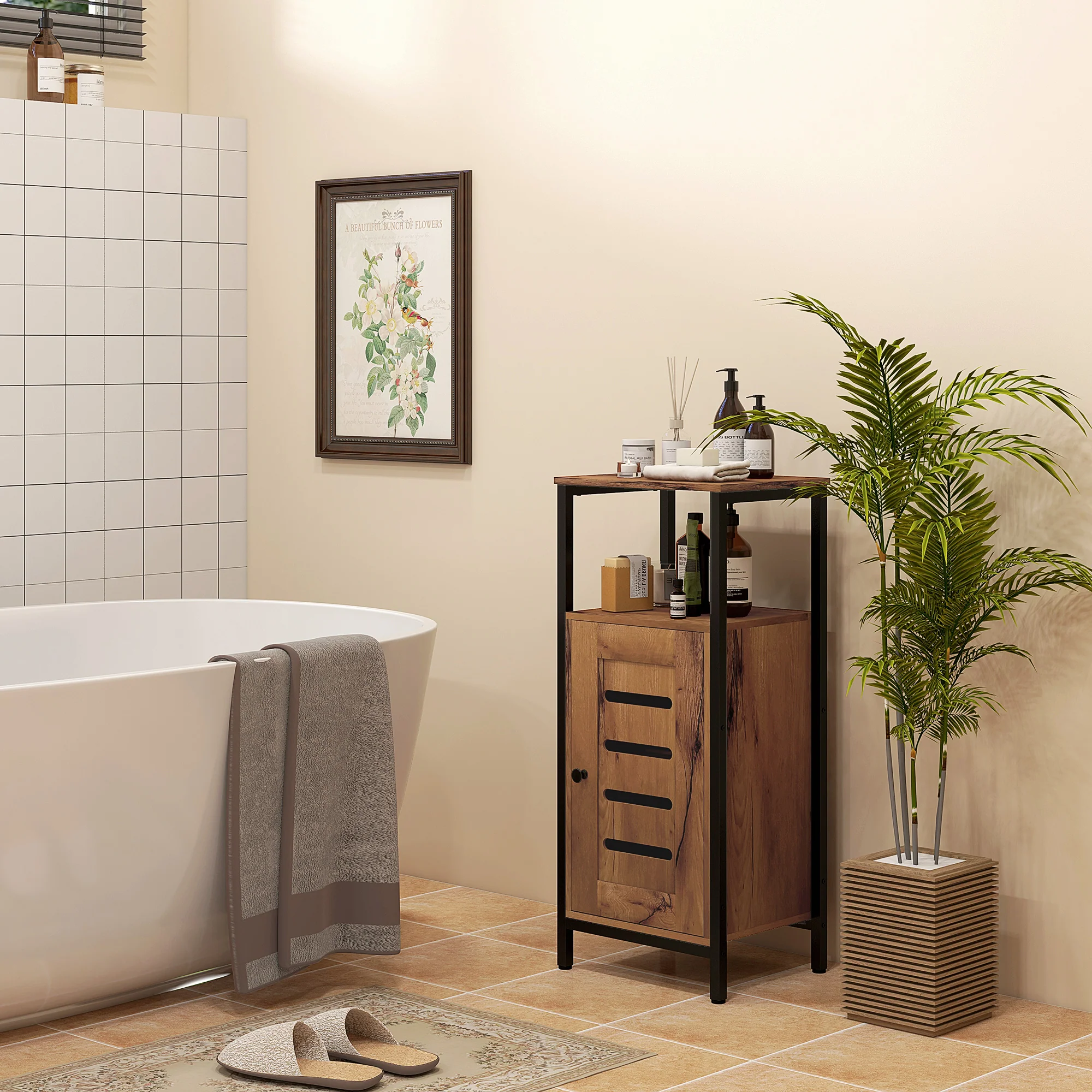 Meuble bas de salle de bain avec porte à lamelles, armoire de toilette avec structure en acier, meuble de rangement avec niche ouverte et étagère réglable, 37 x 30 x 85 cm, brun rustique - Image 9