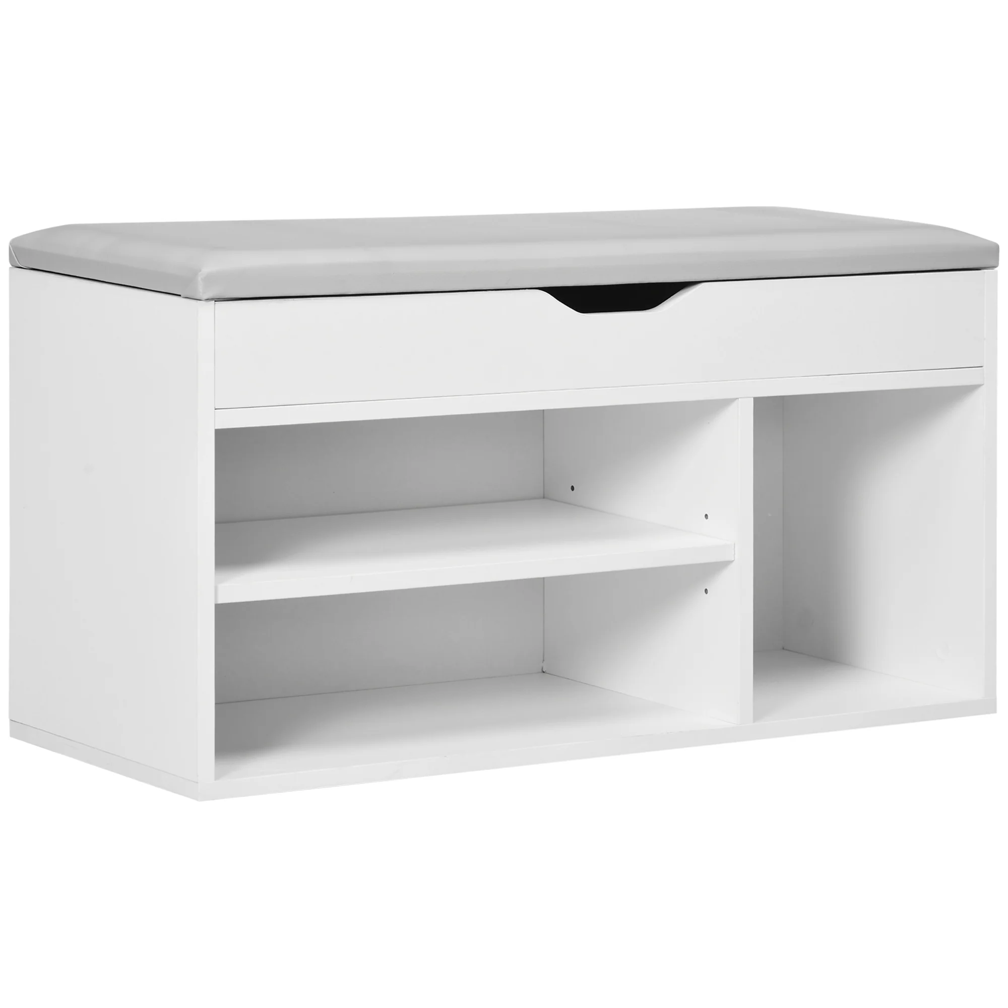 Meuble Chaussures Banc à Chaussures 2 Niveaux Rangement, Niche + Coffre intégré avec Coussin Blanc - Image 11
