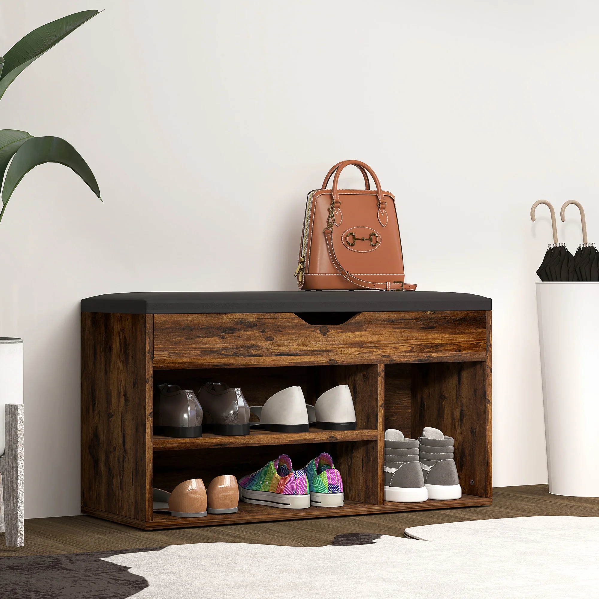 Meuble Chaussures Banc à Chaussures 2 Niveaux Rangement, Niche + Coffre intégré avec Coussin Effet bois d'acajou - Image 3