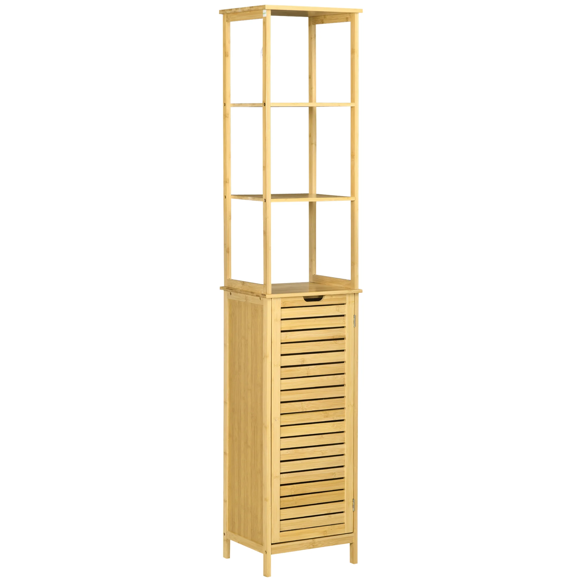 Meuble colonne de salle de bain avec 3 étagères et placard porte persienne en bambou - Image 2