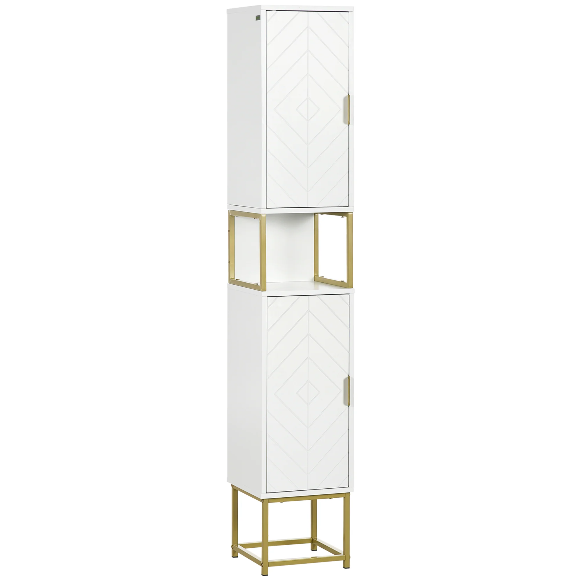 Meuble colonne rangement salle de bain avec niche et 2 placards étagère réglable pieds en acier doré dim. 30L x 30l x 170,7H cm blanc - Image 2