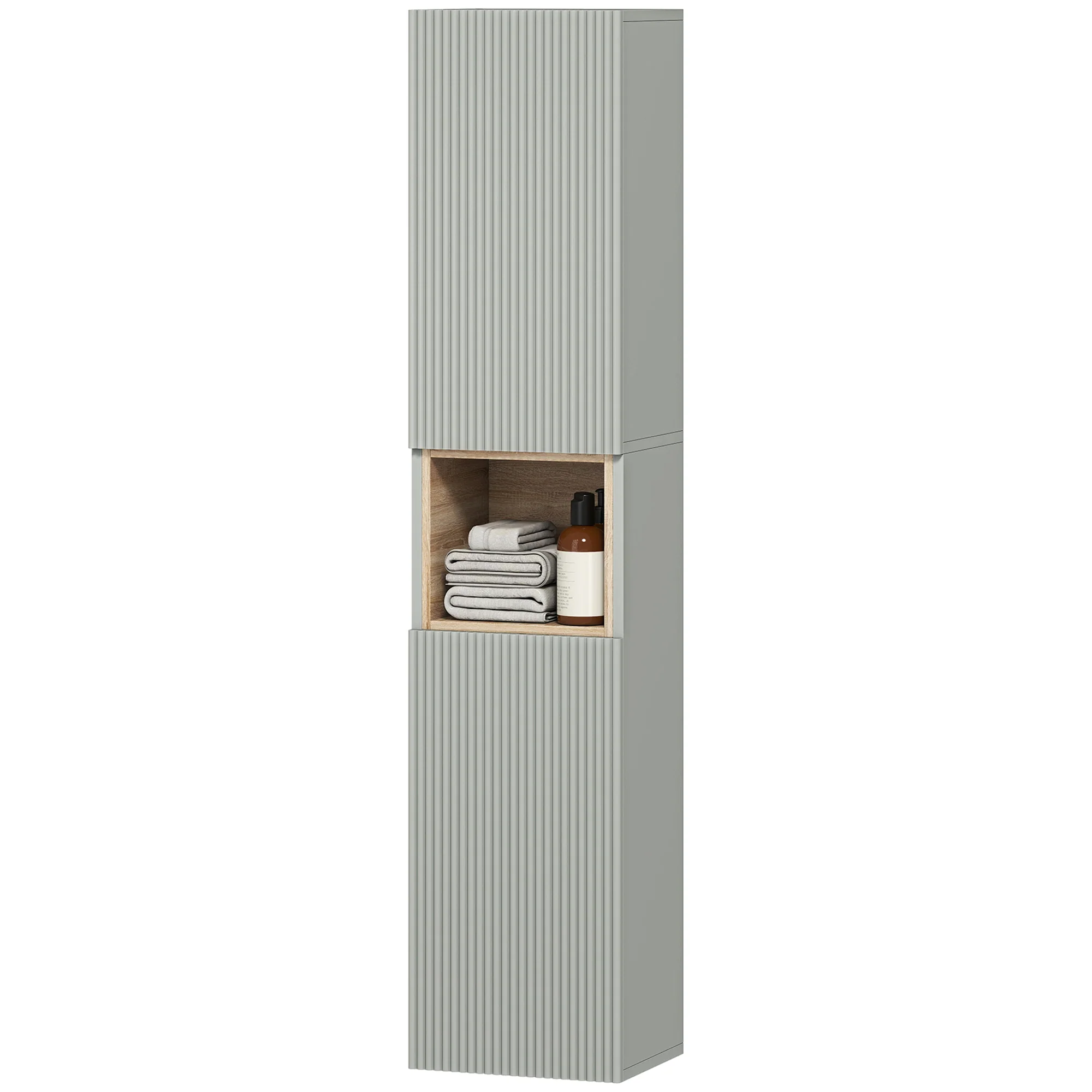 Meuble colonne salle de bain, meuble de rangement étroit avec 2 portes, compartiment ouvert et étagères réglables, pour toilette, petits espaces, 30 x 24 x 140 cm, vert