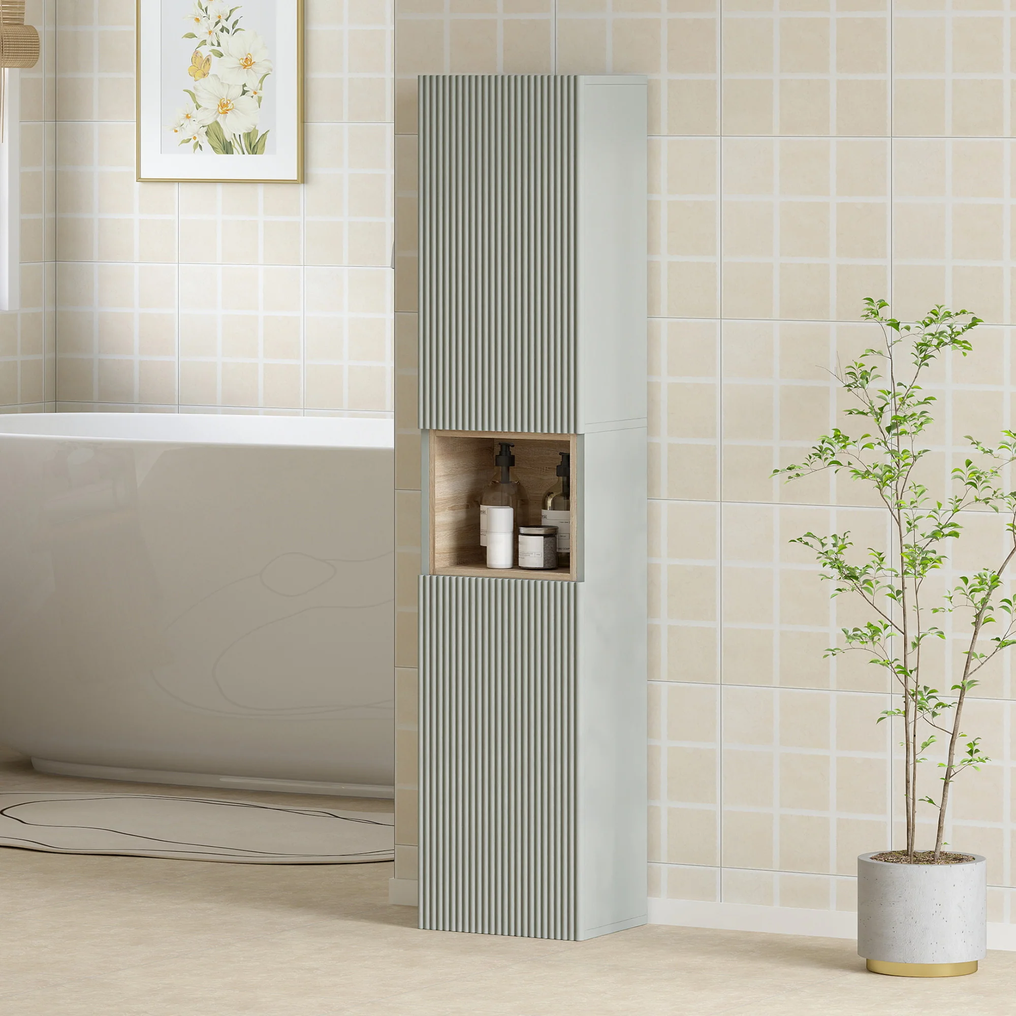 Meuble colonne salle de bain, meuble de rangement étroit avec 2 portes, compartiment ouvert et étagères réglables, pour toilette, petits espaces, 30 x 24 x 140 cm, vert - Image 11
