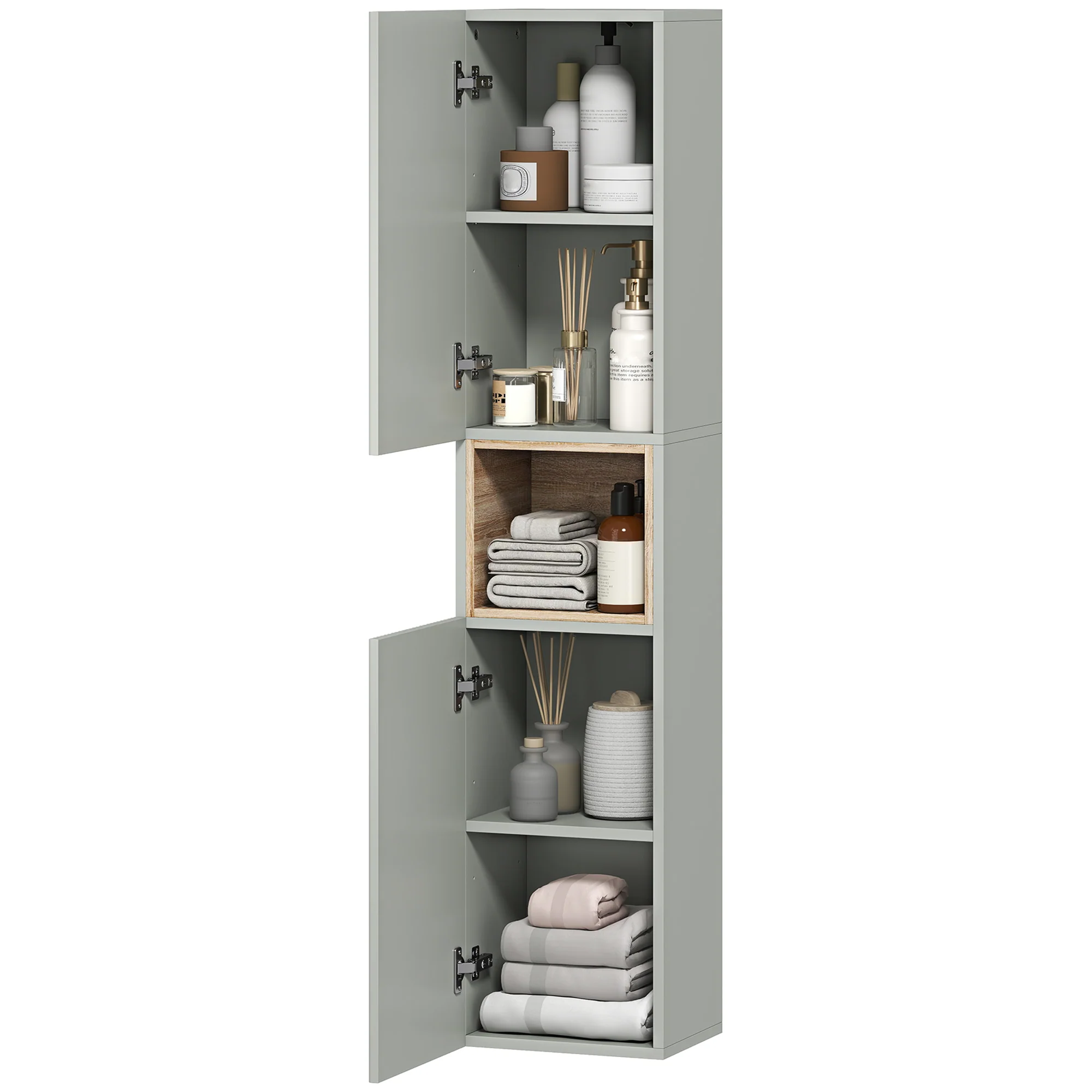 Meuble colonne salle de bain, meuble de rangement étroit avec 2 portes, compartiment ouvert et étagères réglables, pour toilette, petits espaces, 30 x 24 x 140 cm, vert - Image 12