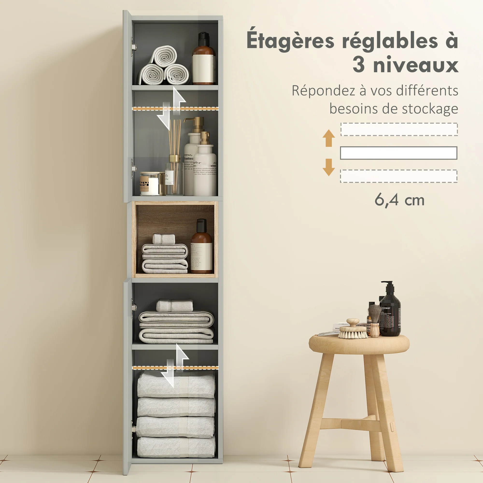 Meuble colonne salle de bain, meuble de rangement étroit avec 2 portes, compartiment ouvert et étagères réglables, pour toilette, petits espaces, 30 x 24 x 140 cm, vert - Image 6