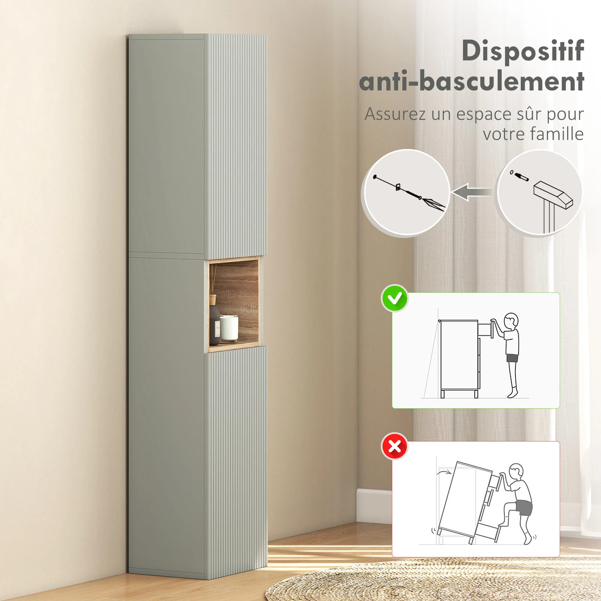 Meuble colonne salle de bain, meuble de rangement étroit avec 2 portes, compartiment ouvert et étagères réglables, pour toilette, petits espaces, 30 x 24 x 140 cm, vert - Image 8