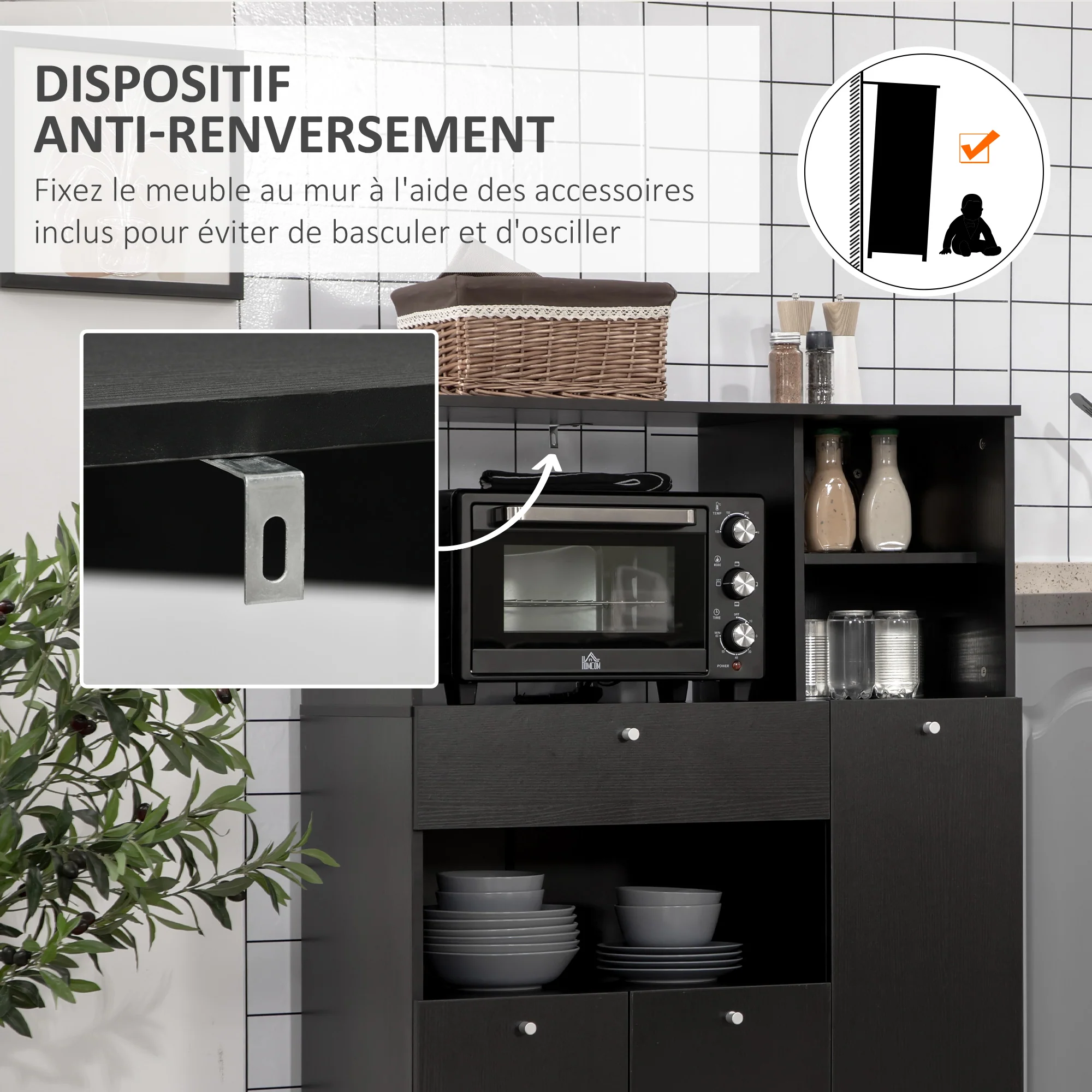 Meuble de micro-onde armoire cuisine meuble de rangement multi-rangements buffet avec 2 placards 4 niches tiroir coulissant dim. 90L x 40l x 120H cm en bois noir - Image 6