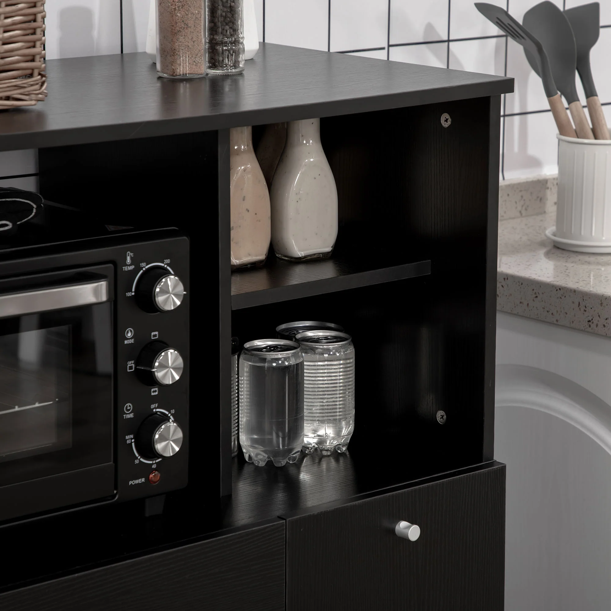 Meuble de micro-onde armoire cuisine meuble de rangement multi-rangements buffet avec 2 placards 4 niches tiroir coulissant dim. 90L x 40l x 120H cm en bois noir - Image 8