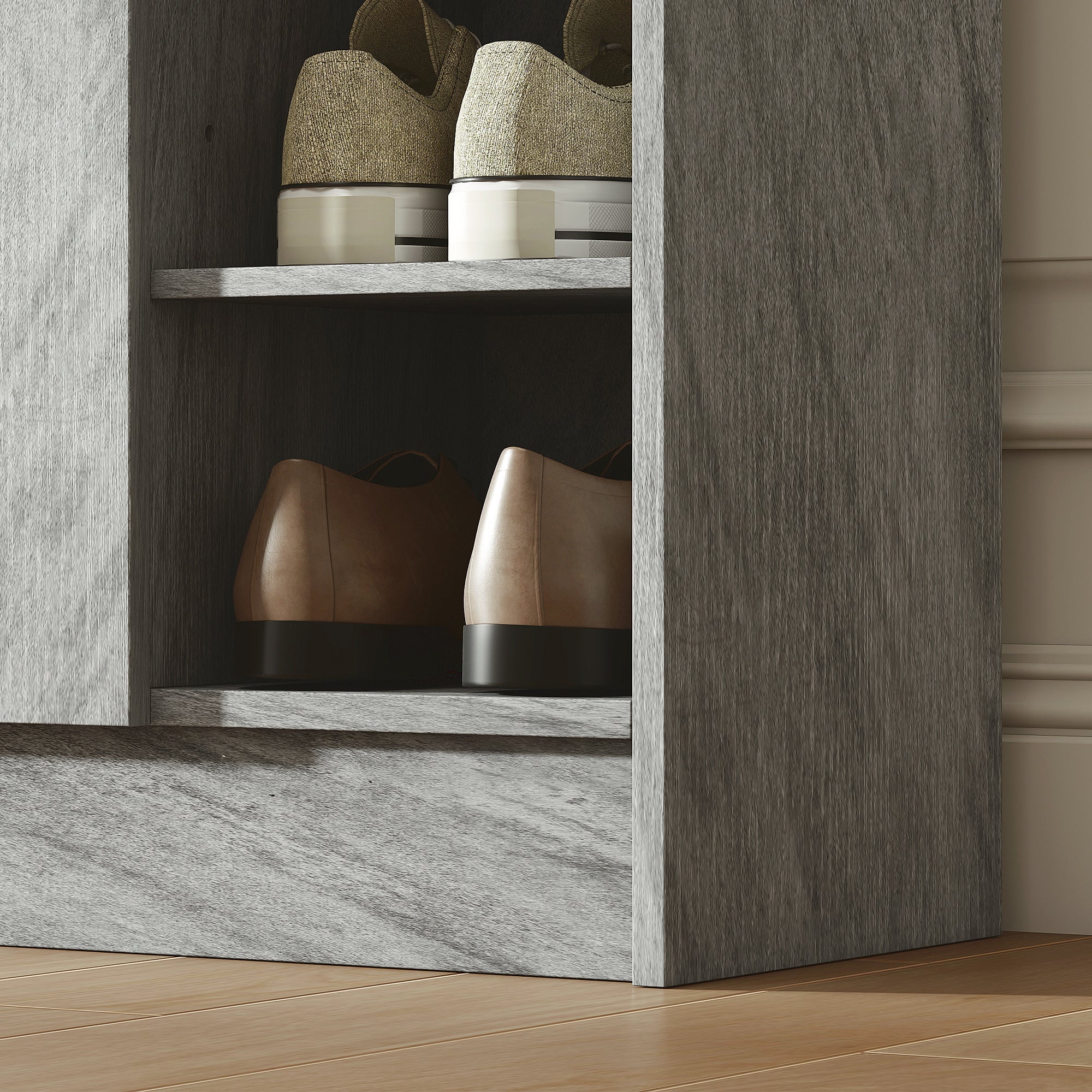 Meuble de rangement à chaussures pour entrée 12 paires - armoire à chaussures avec 4 compartiments ouverts et placard double porte - étagère réglable - 83L x 30l x 90H cm - gris - Image 10