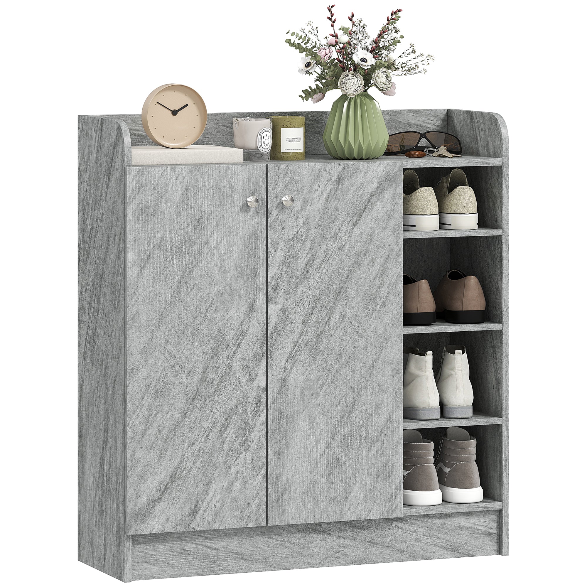 Meuble de rangement à chaussures pour entrée 12 paires - armoire à chaussures avec 4 compartiments ouverts et placard double porte - étagère réglable - 83L x 30l x 90H cm - gris - Image 11