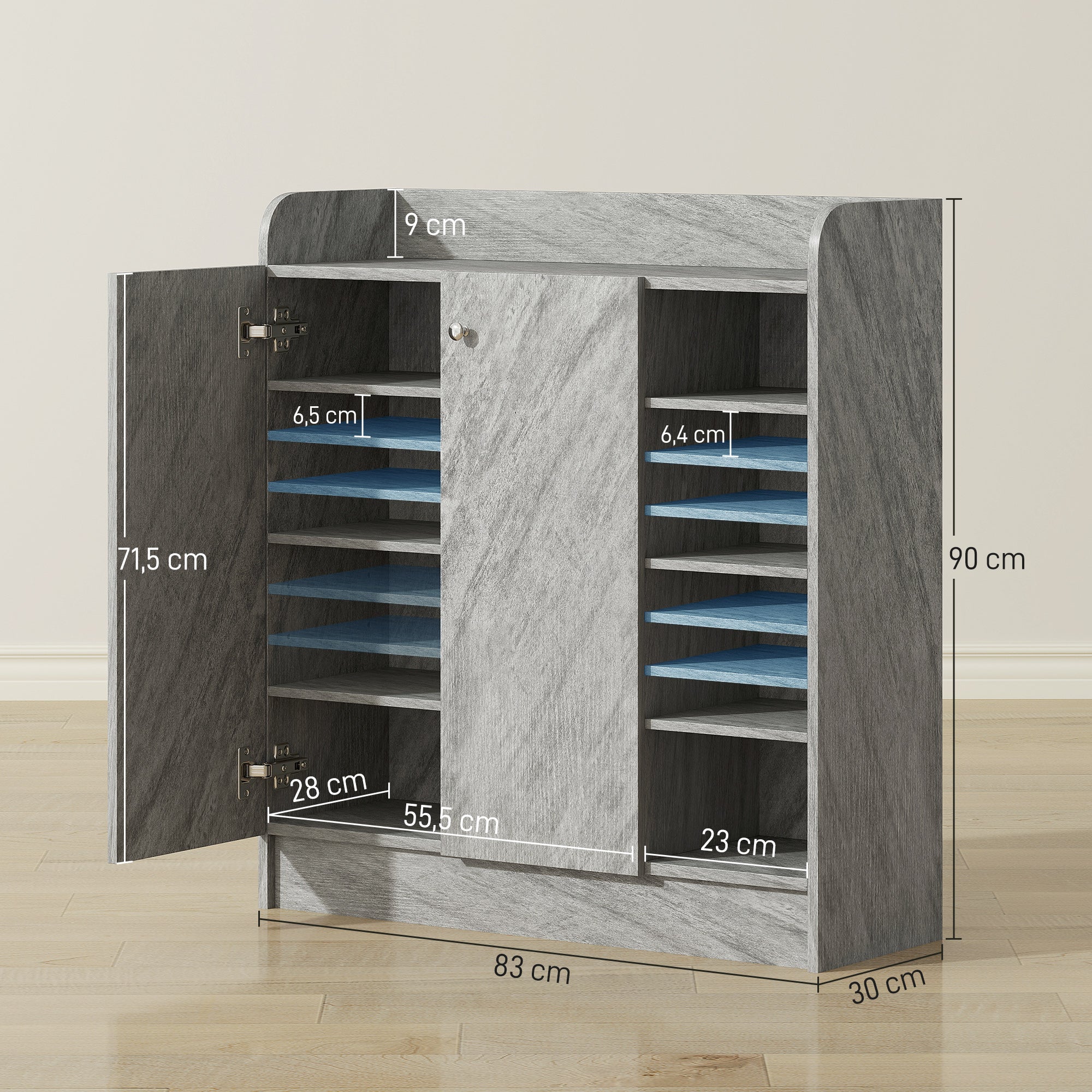 Meuble de rangement à chaussures pour entrée 12 paires - armoire à chaussures avec 4 compartiments ouverts et placard double porte - étagère réglable - 83L x 30l x 90H cm - gris - Image 4