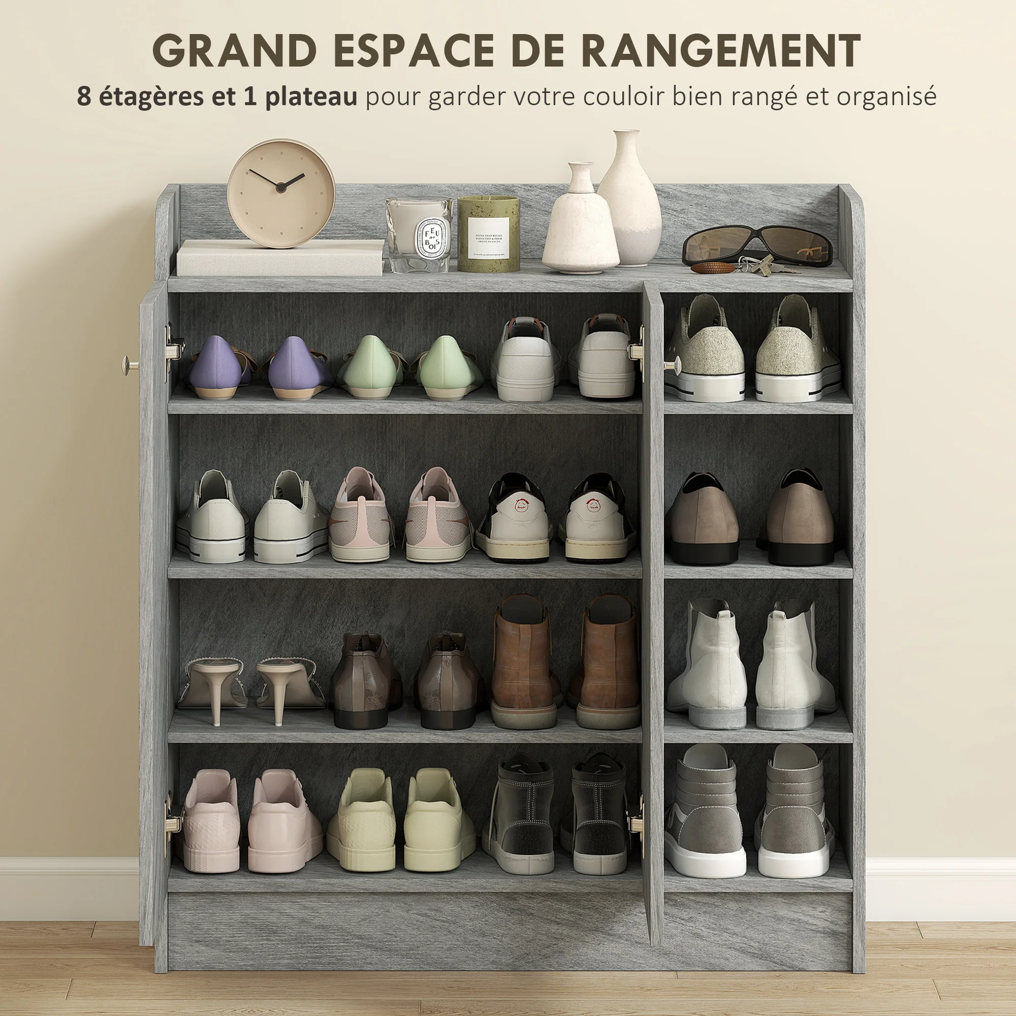 Meuble de rangement à chaussures pour entrée 12 paires - armoire à chaussures avec 4 compartiments ouverts et placard double porte - étagère réglable - 83L x 30l x 90H cm - gris - Image 5