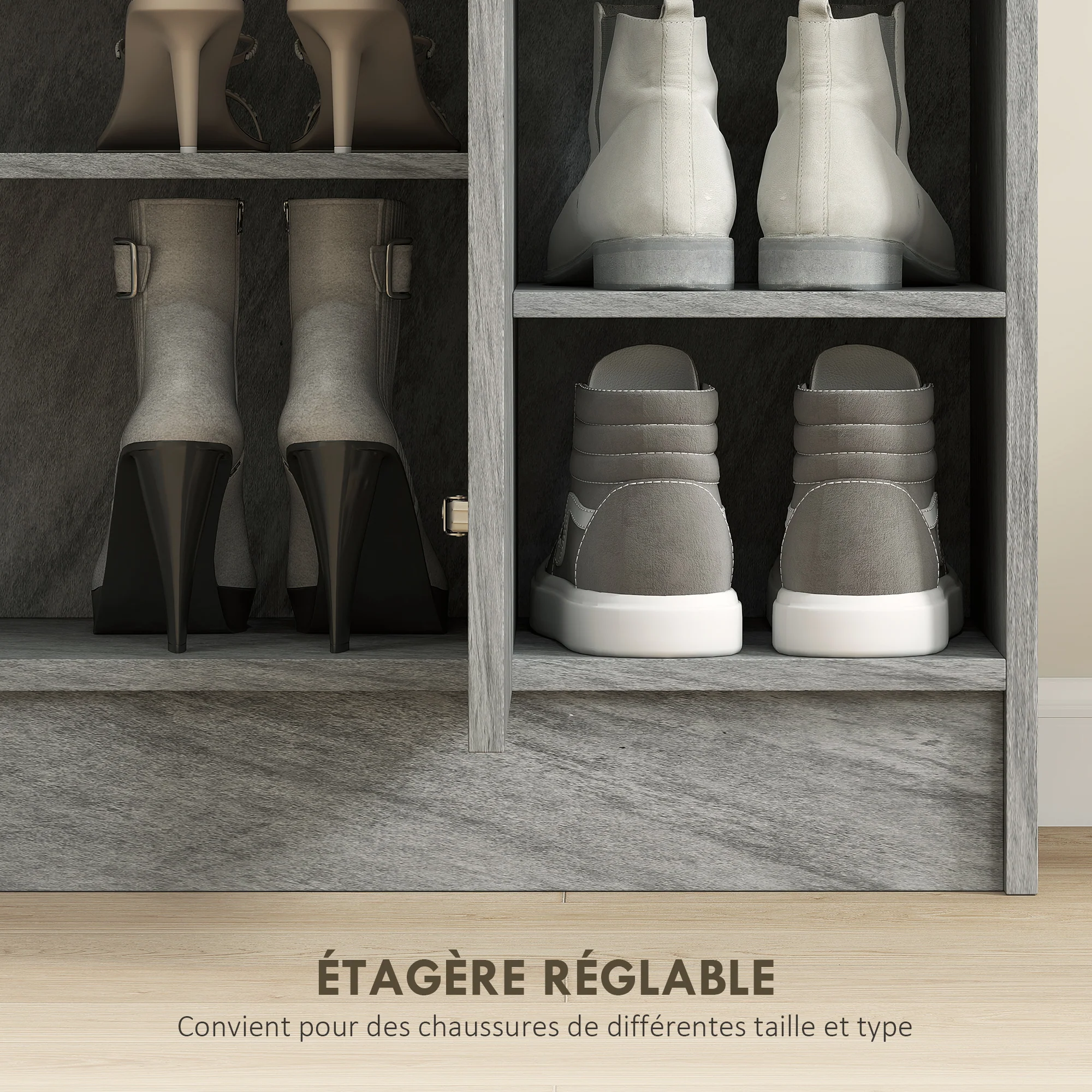 Meuble de rangement à chaussures pour entrée 12 paires - armoire à chaussures avec 4 compartiments ouverts et placard double porte - étagère réglable - 83L x 30l x 90H cm - gris - Image 6