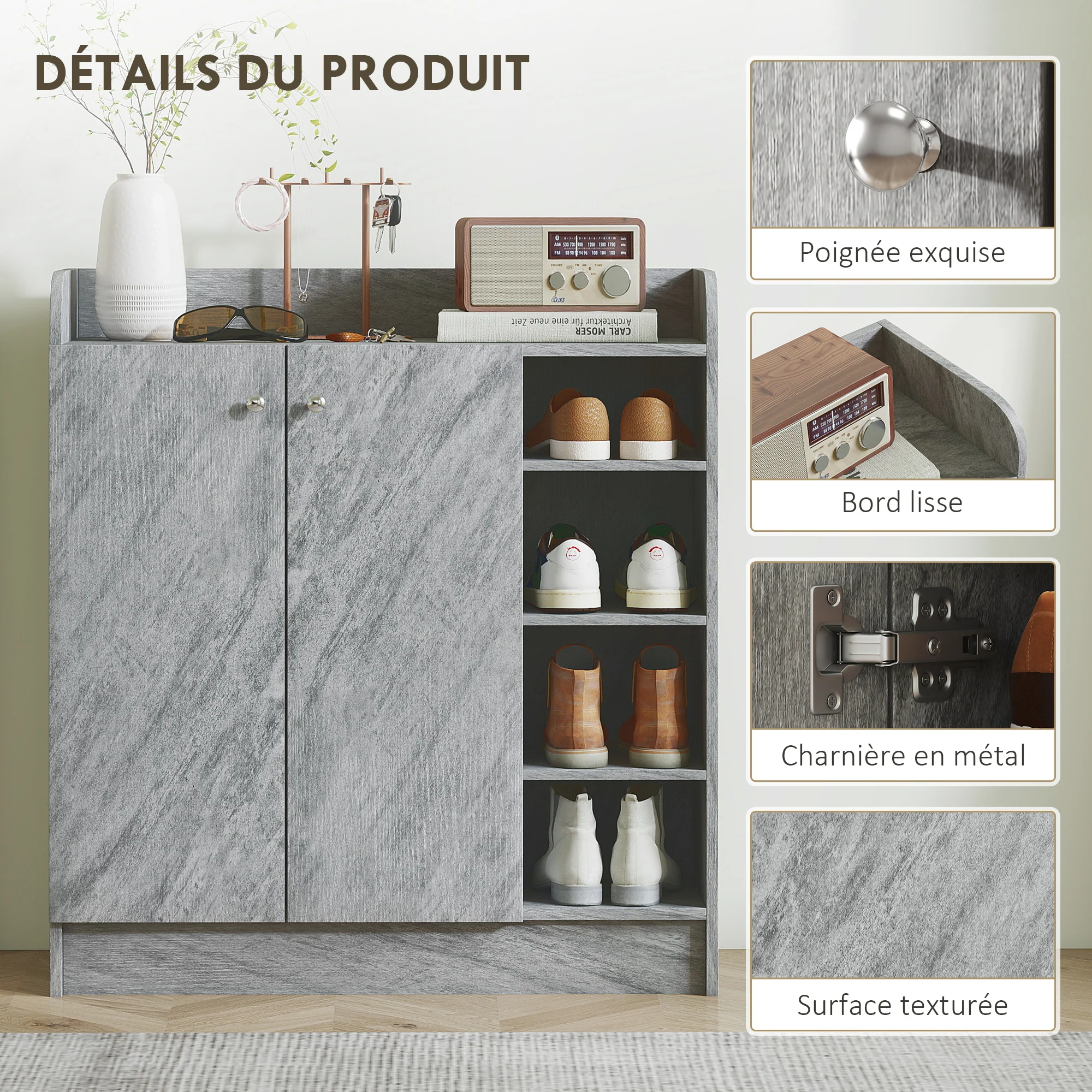 Meuble de rangement à chaussures pour entrée 12 paires - armoire à chaussures avec 4 compartiments ouverts et placard double porte - étagère réglable - 83L x 30l x 90H cm - gris - Image 7