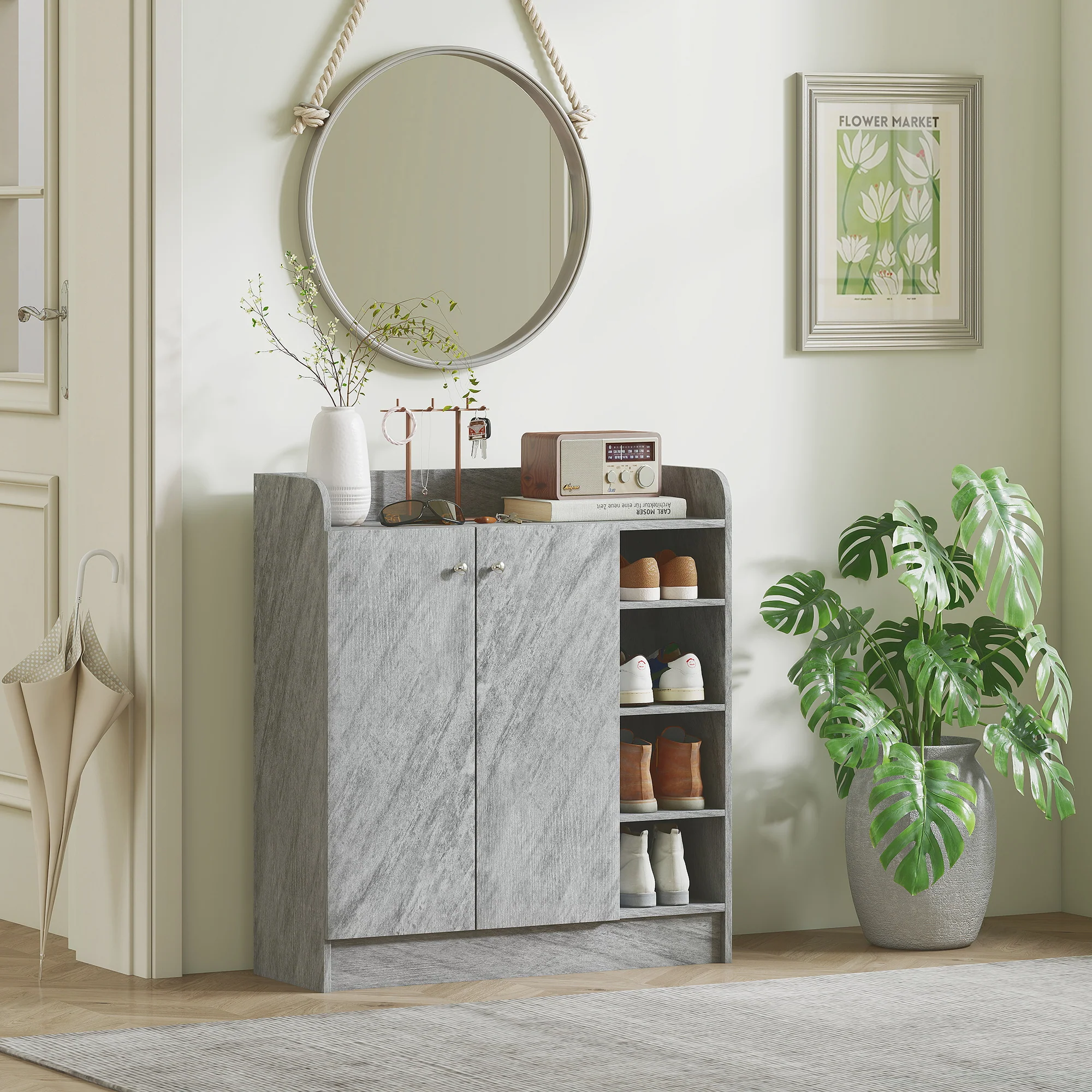 Meuble de rangement à chaussures pour entrée 12 paires - armoire à chaussures avec 4 compartiments ouverts et placard double porte - étagère réglable - 83L x 30l x 90H cm - gris - Image 8