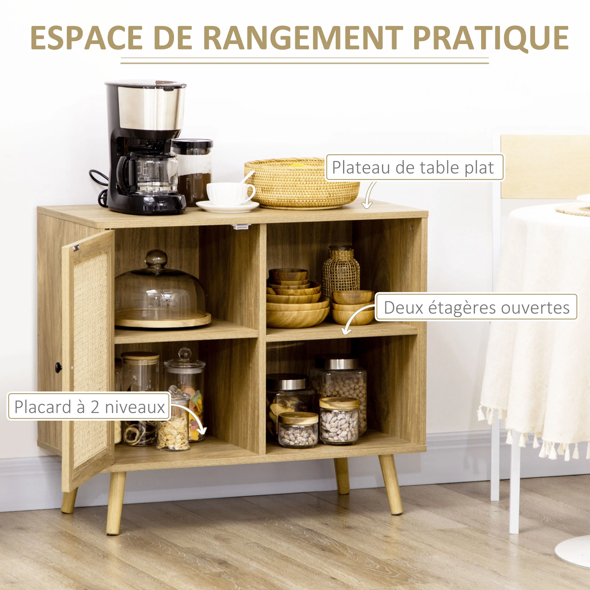 Meuble de rangement buffet 1 porte cannage effet bois - dim. 80L x 39l x 70H cm - Image 5