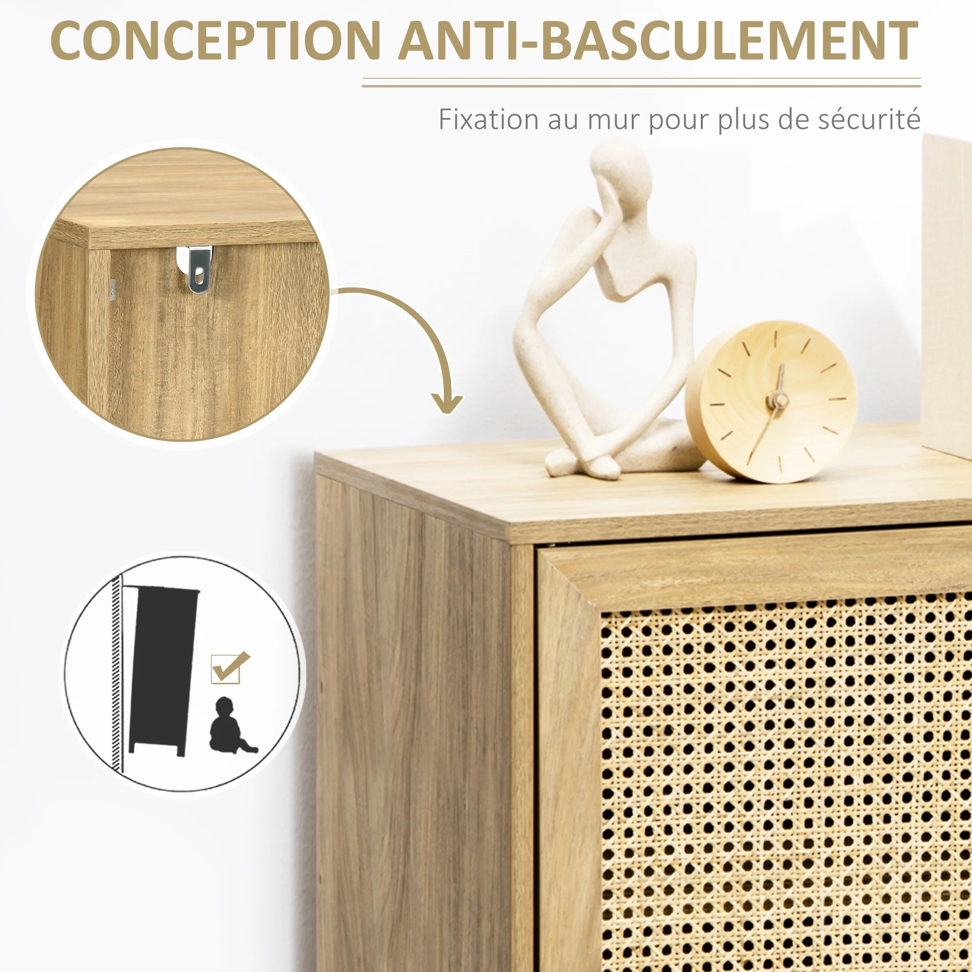 Meuble de rangement buffet 1 porte cannage effet bois - dim. 80L x 39l x 70H cm - Image 7