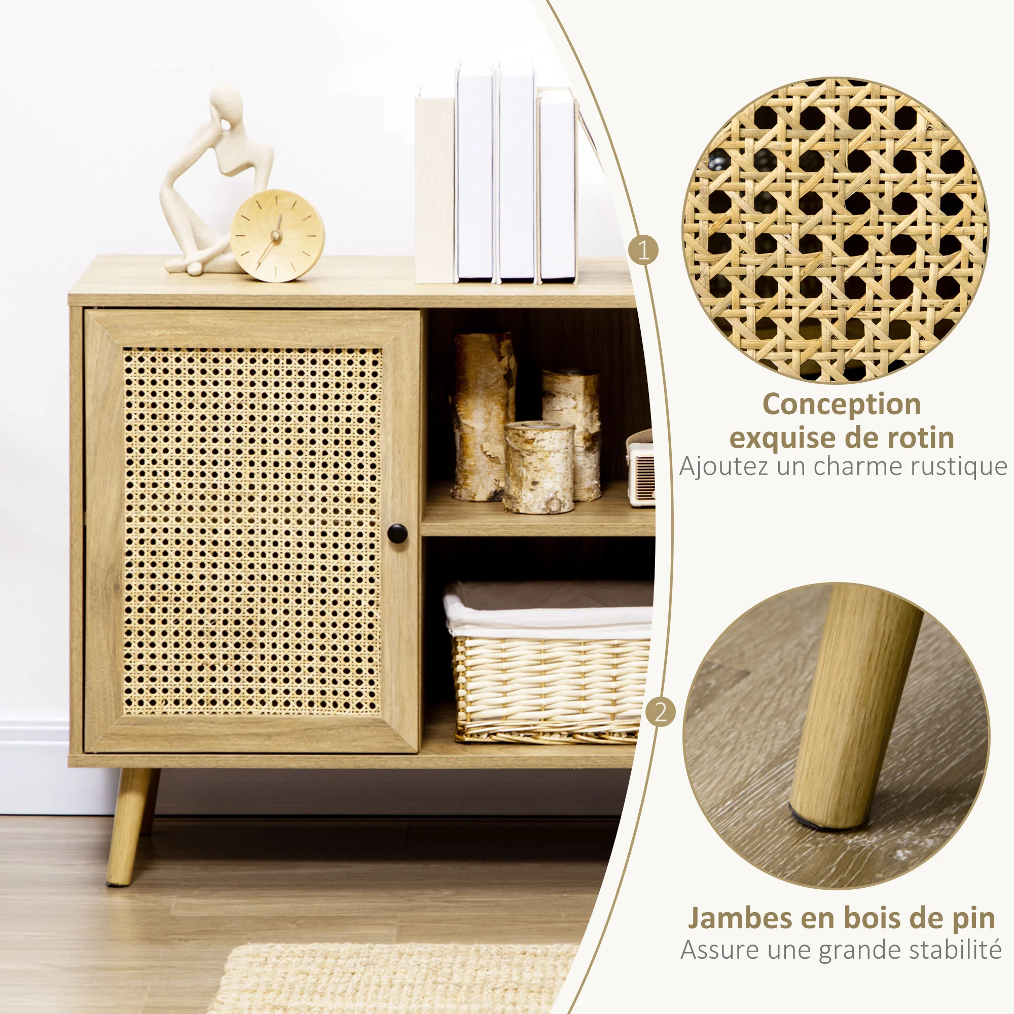 Meuble de rangement buffet 1 porte cannage effet bois - dim. 80L x 39l x 70H cm - Image 8
