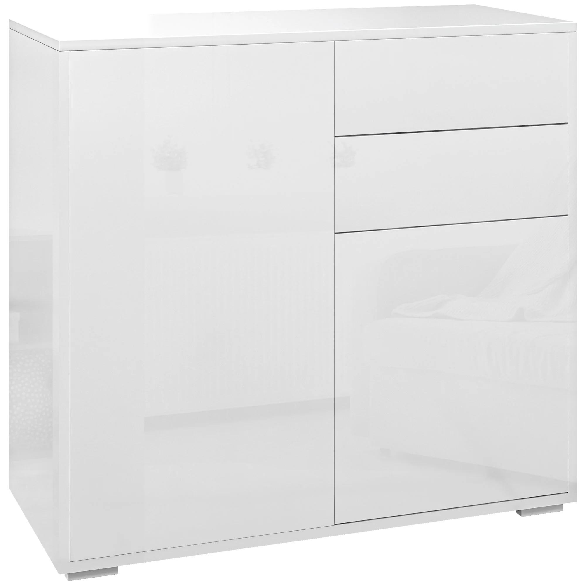 Meuble de rangement buffet commode armoire de rangement avec 2 tiroirs et 2 placards à portes, étagères réglables, pour salon, cuisine, chambre, 79 x 36 x 74 cm blanc brillant - Image 2