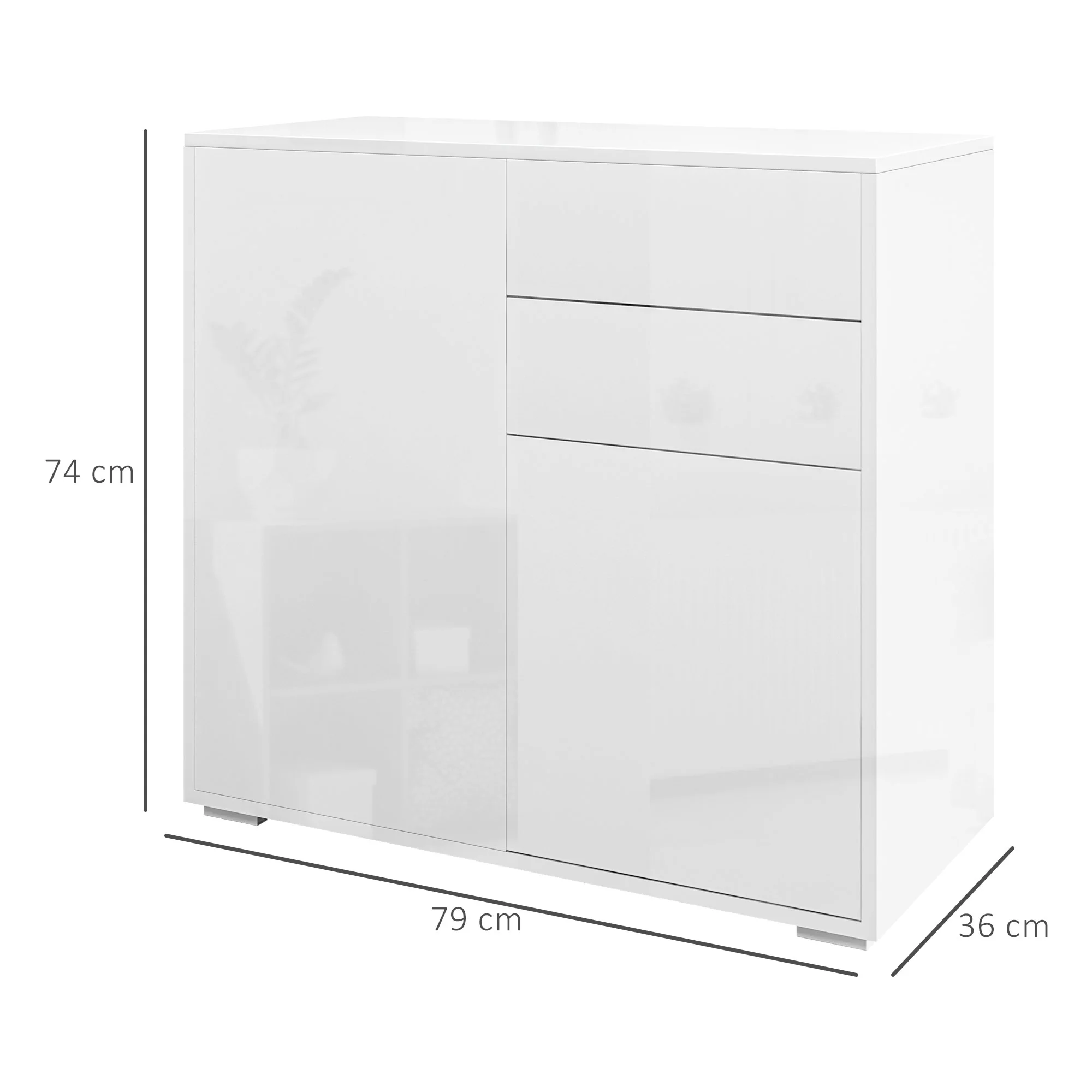 Meuble de rangement buffet commode armoire de rangement avec 2 tiroirs et 2 placards à portes, étagères réglables, pour salon, cuisine, chambre, 79 x 36 x 74 cm blanc brillant - Image 4