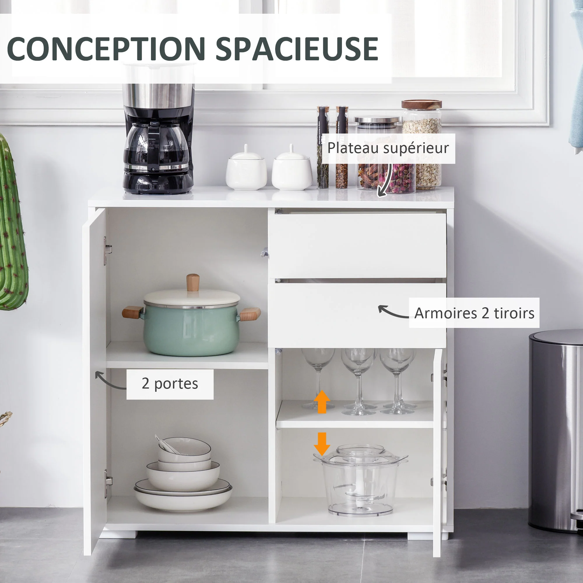 Meuble de rangement buffet commode armoire de rangement avec 2 tiroirs et 2 placards à portes, étagères réglables, pour salon, cuisine, chambre, 79 x 36 x 74 cm blanc brillant - Image 5