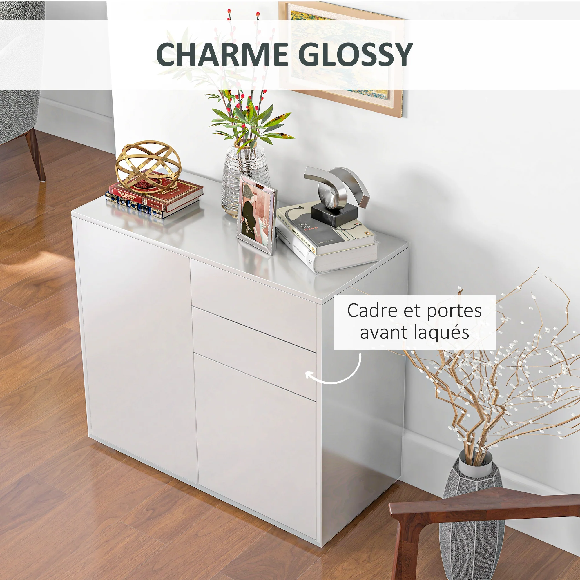 Meuble de rangement buffet commode armoire de rangement avec 2 tiroirs et 2 placards à portes, étagères réglables, pour salon, cuisine, chambre, 79 x 36 x 74 cm blanc brillant - Image 6