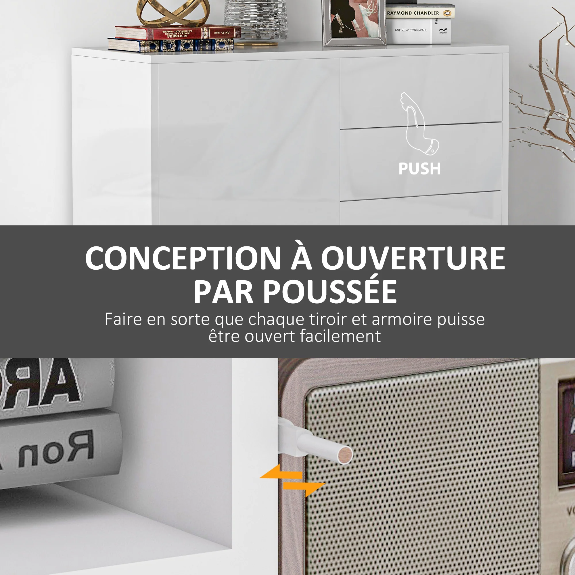 Meuble de rangement buffet commode armoire de rangement avec 2 tiroirs et 2 placards à portes, étagères réglables, pour salon, cuisine, chambre, 79 x 36 x 74 cm blanc brillant - Image 7