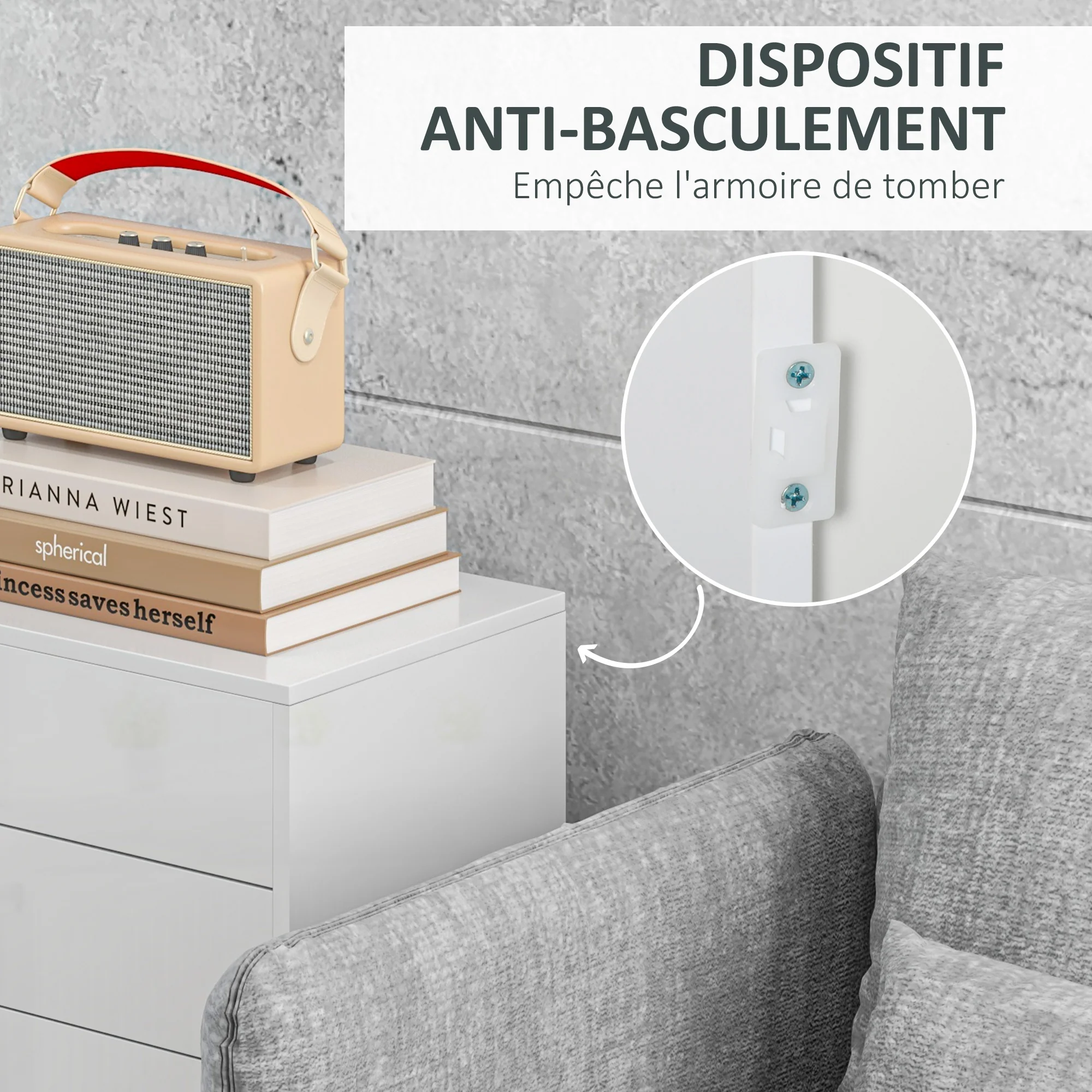 Meuble de rangement buffet commode armoire de rangement avec 2 tiroirs et 2 placards à portes, étagères réglables, pour salon, cuisine, chambre, 79 x 36 x 74 cm blanc brillant - Image 8