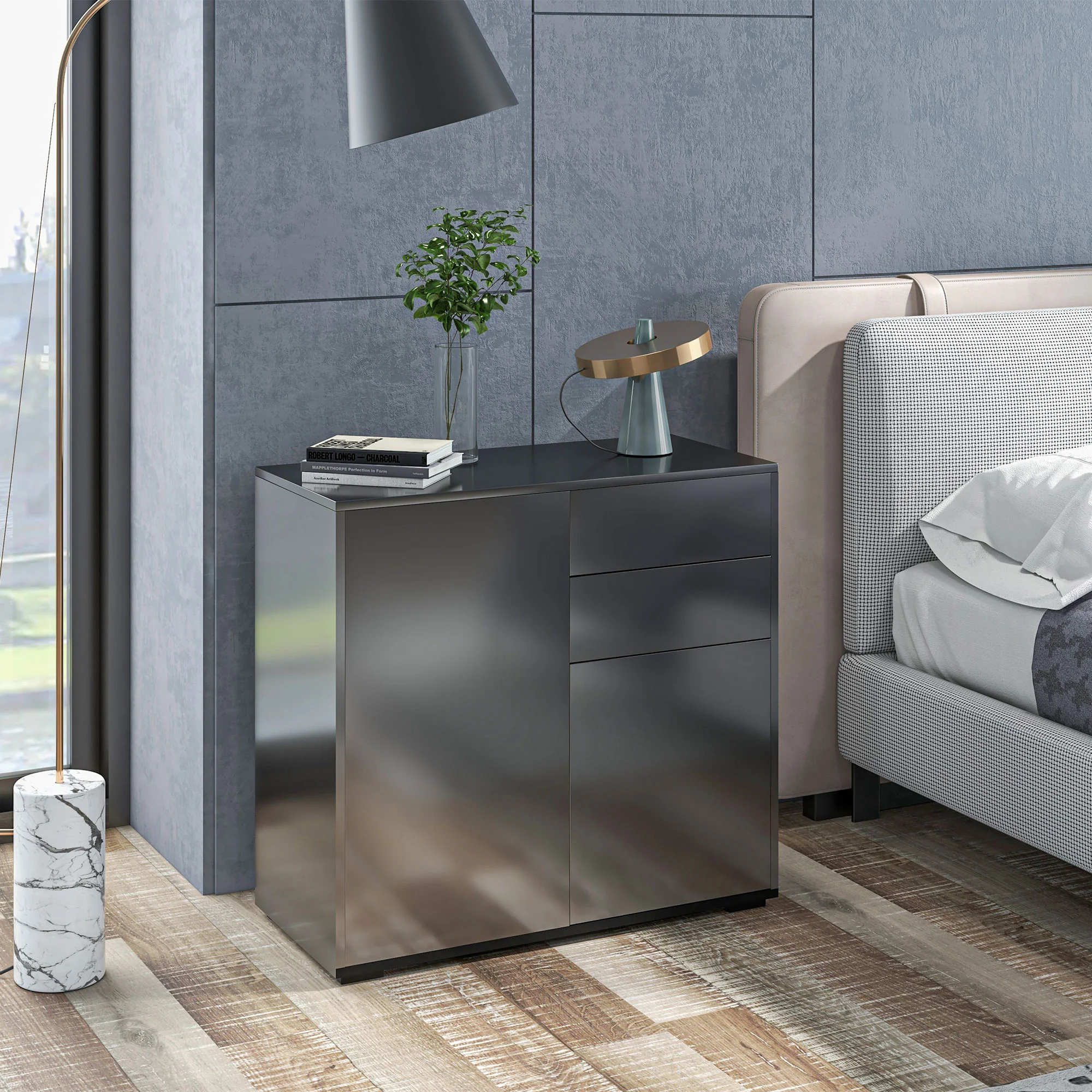 Meuble de rangement buffet commode armoire de rangement avec 2 tiroirs et 2 placards à portes, étagères réglables, pour salon, cuisine, chambre, 79 x 36 x 74 cm noir brillant - Image 3