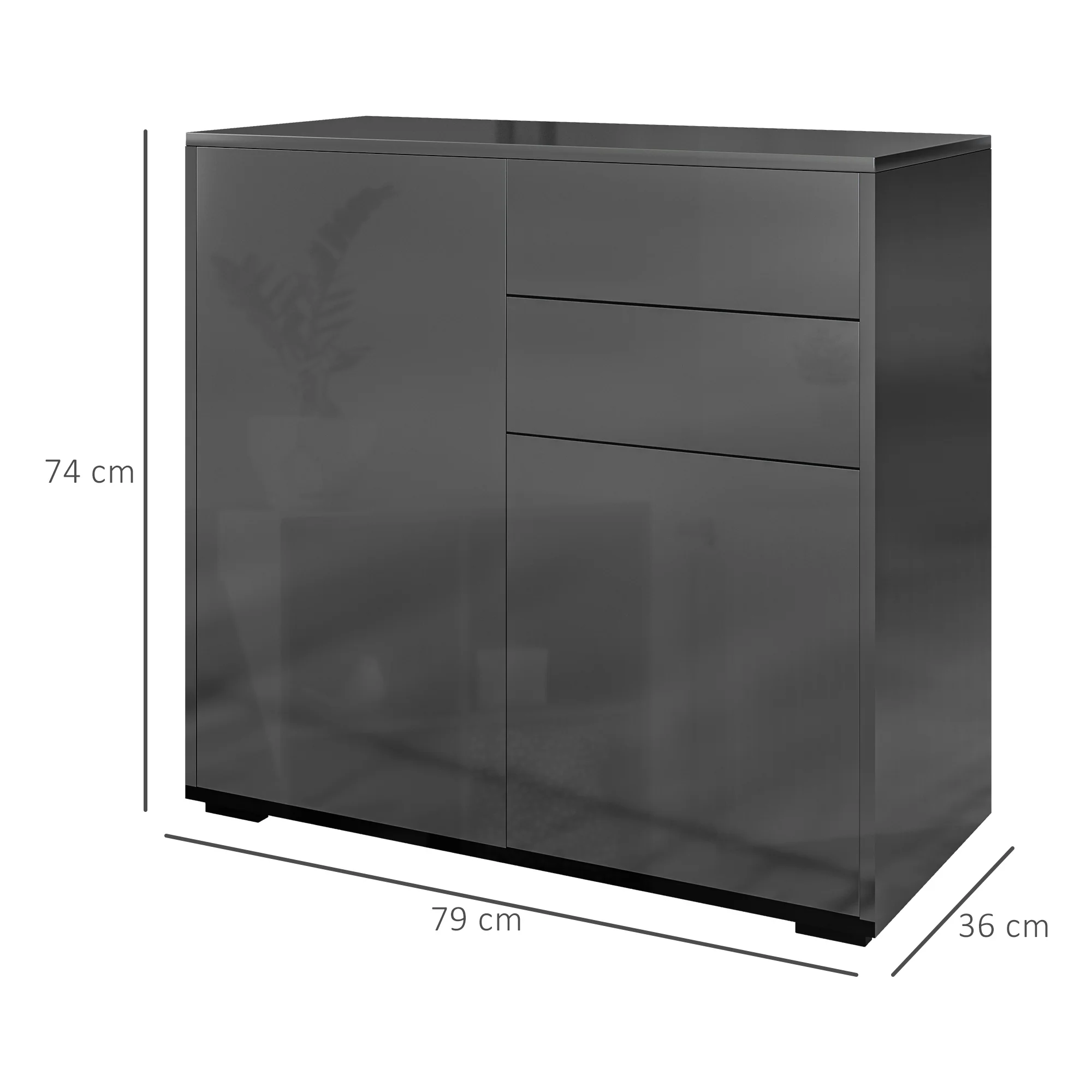 Meuble de rangement buffet commode armoire de rangement avec 2 tiroirs et 2 placards à portes, étagères réglables, pour salon, cuisine, chambre, 79 x 36 x 74 cm noir brillant - Image 4