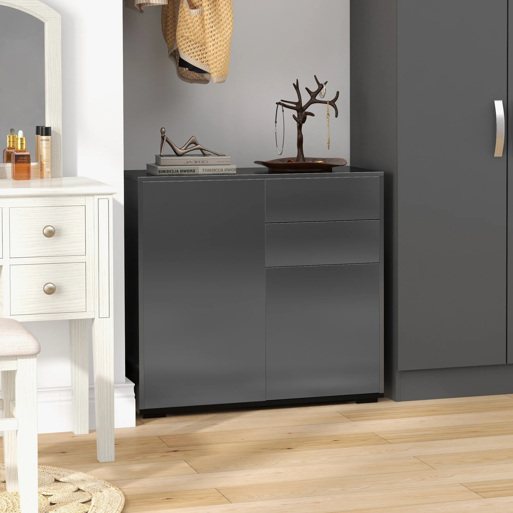 Meuble de rangement buffet commode armoire de rangement avec 2 tiroirs et 2 placards à portes, étagères réglables, pour salon, cuisine, chambre, 79 x 36 x 74 cm noir brillant - Image 9