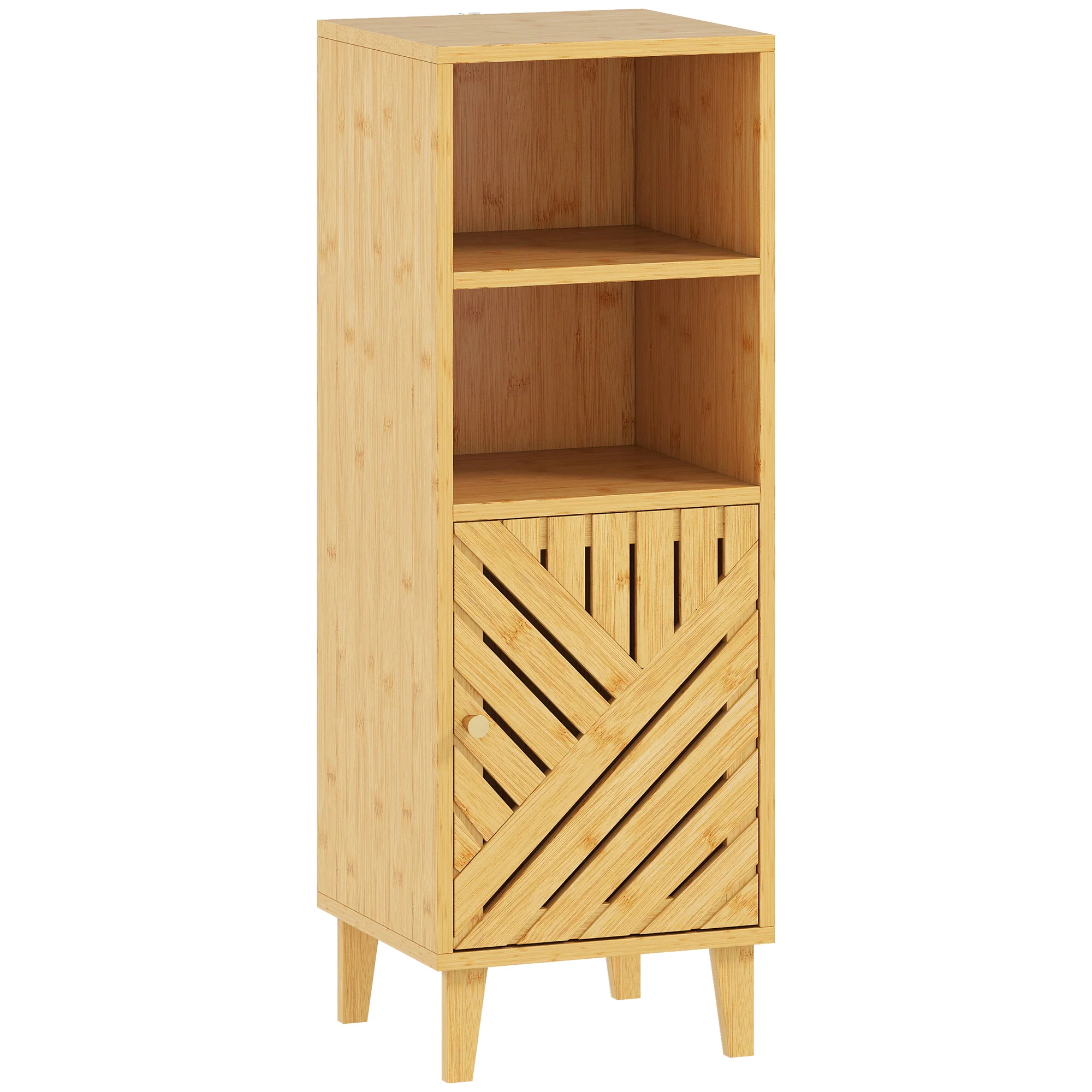 Meuble de salle de bain, meuble de rangement, armoire salle de bain avec 1 placard, 2 compartiment ouvert, porte et pieds en bambou, 32 x 30 x 90 cm, effet bois naturel - Image 2