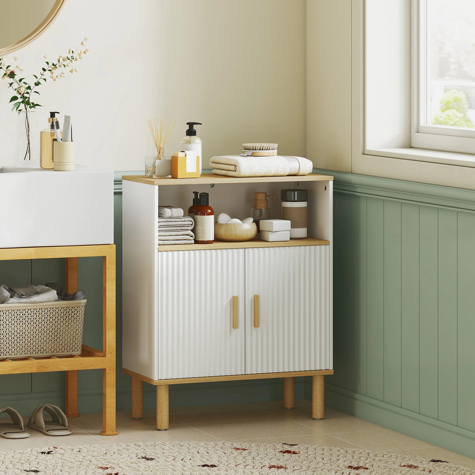 Meuble de salle de bain, meuble de rangement avec 2 portes, compartiment ouvert et étagère réglable, armoire salle de bain, salon, chambre, 60 x 29,5 x 76,5 cm, blanc et bois naturel - Image 3