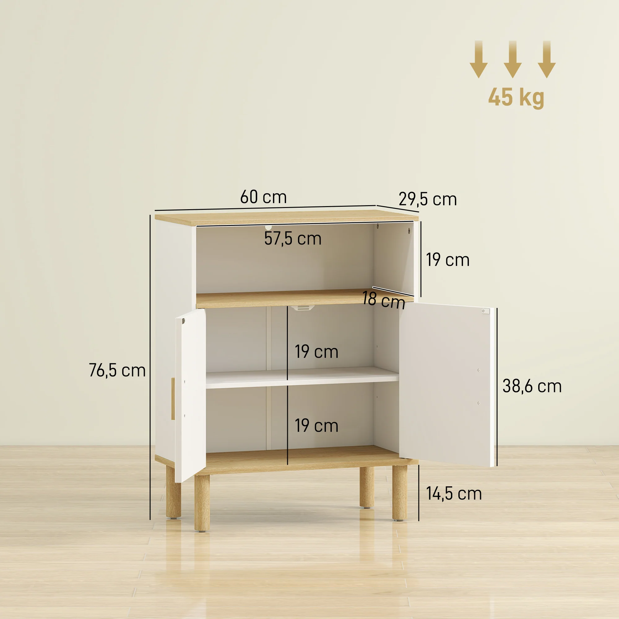 Meuble de salle de bain, meuble de rangement avec 2 portes, compartiment ouvert et étagère réglable, armoire salle de bain, salon, chambre, 60 x 29,5 x 76,5 cm, blanc et bois naturel - Image 4