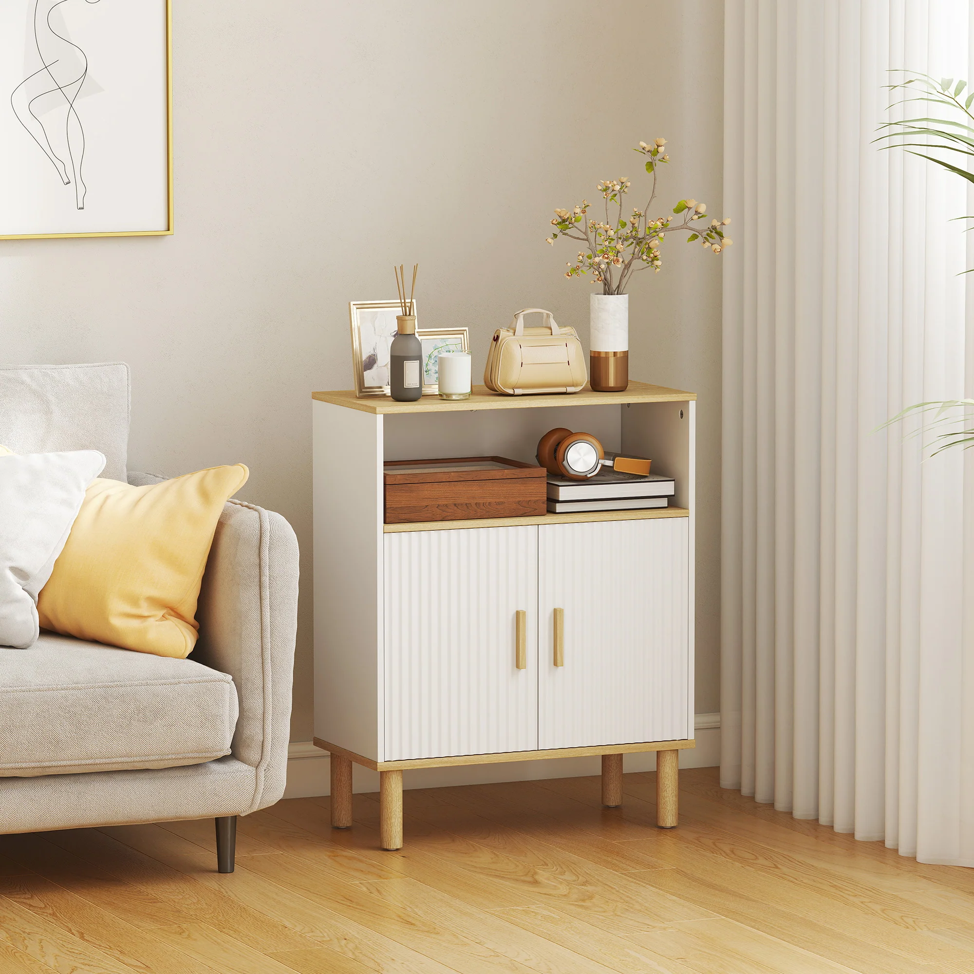 Meuble de salle de bain, meuble de rangement avec 2 portes, compartiment ouvert et étagère réglable, armoire salle de bain, salon, chambre, 60 x 29,5 x 76,5 cm, blanc et bois naturel - Image 6