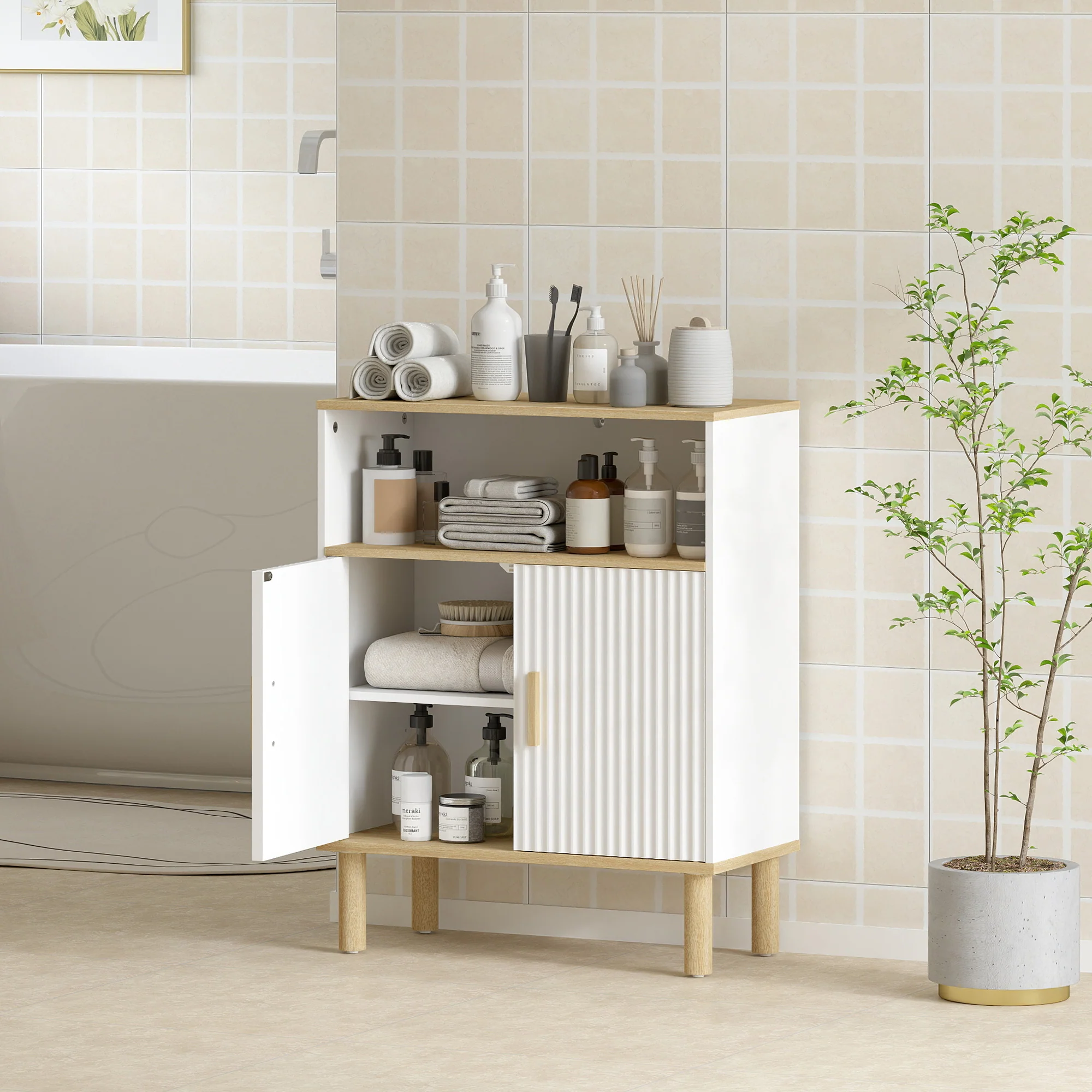 Meuble de salle de bain, meuble de rangement avec 2 portes, compartiment ouvert et étagère réglable, armoire salle de bain, salon, chambre, 60 x 29,5 x 76,5 cm, blanc et bois naturel - Image 7