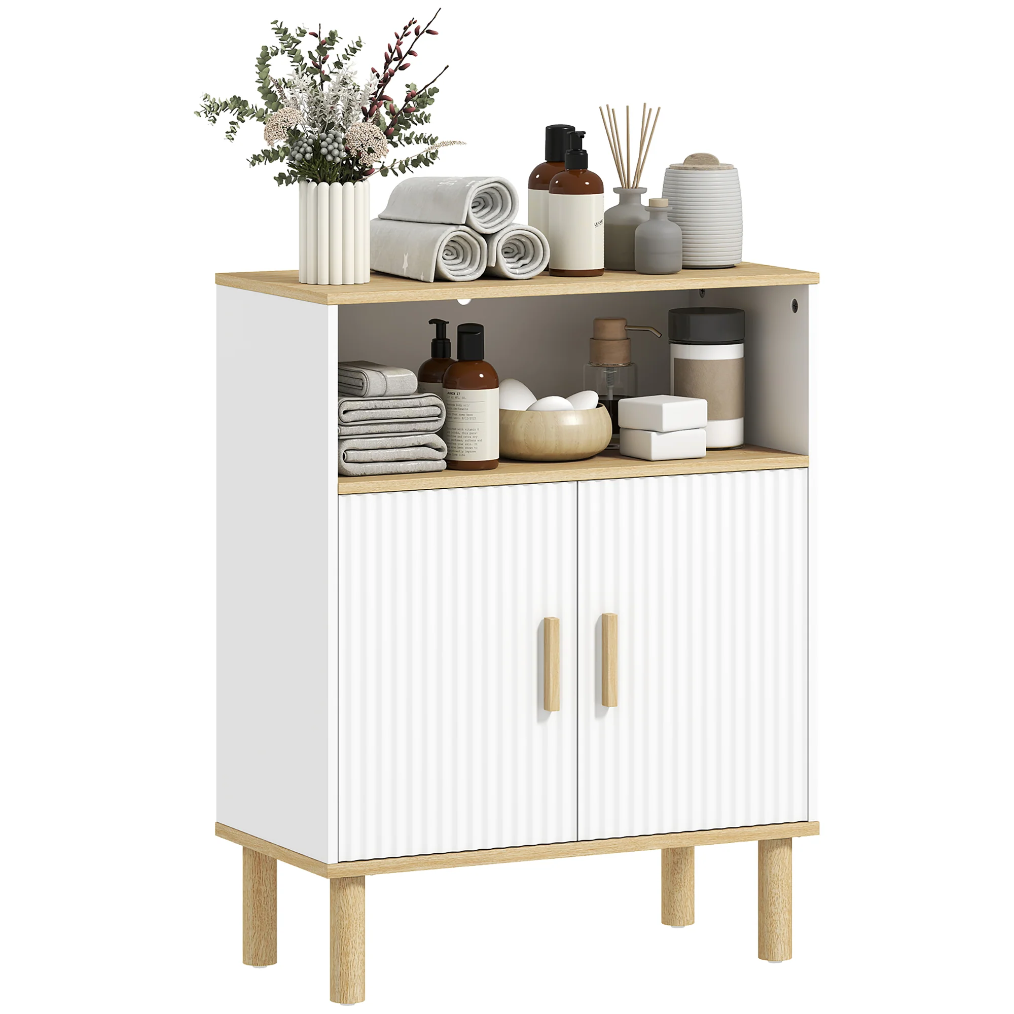 Meuble de salle de bain, meuble de rangement avec 2 portes, compartiment ouvert et étagère réglable, armoire salle de bain, salon, chambre, 60 x 29,5 x 76,5 cm, blanc et bois naturel - Image 8