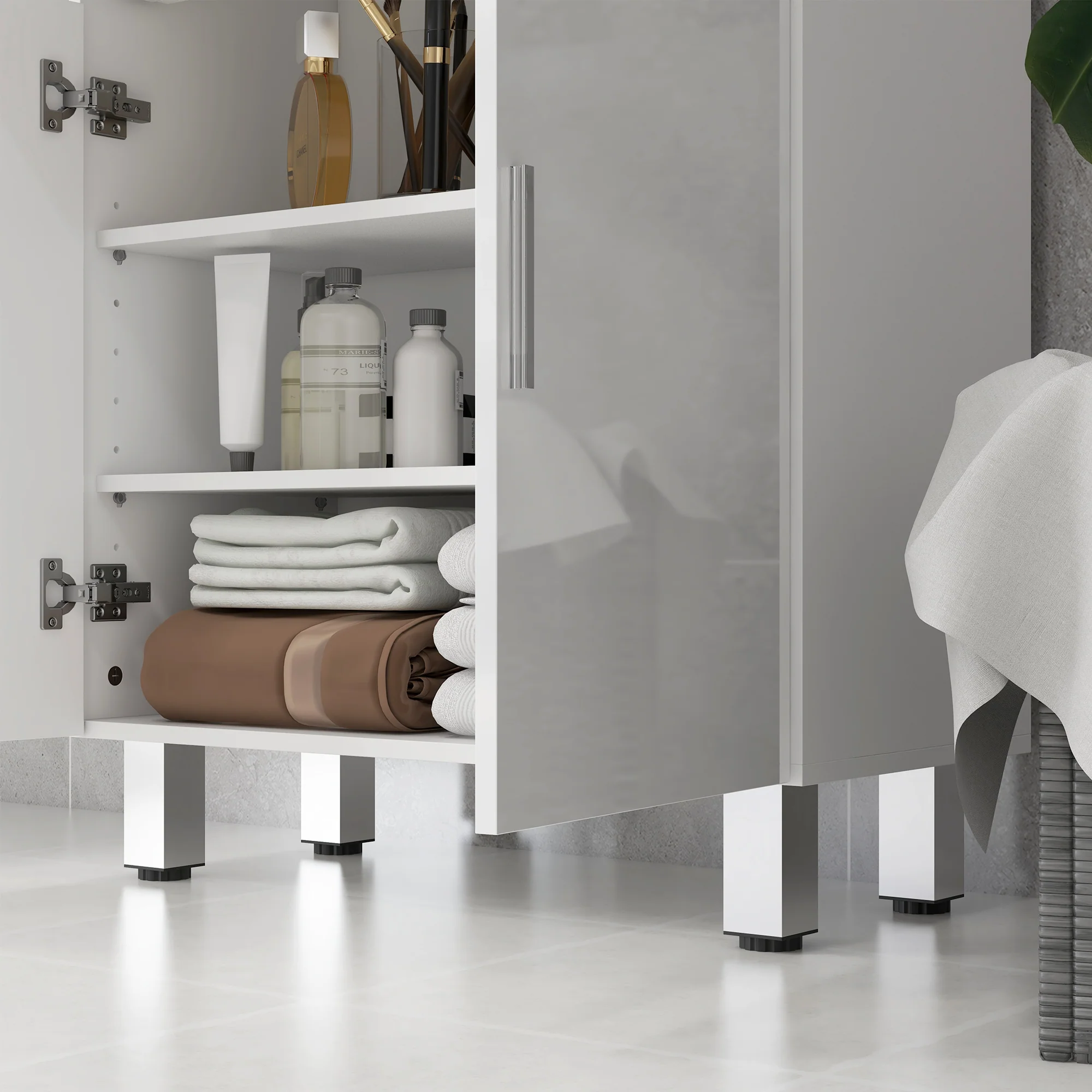 Meuble de salle de bain, meuble de rangement avec 2 tiroirs, placard à double porte, étagères réglables et base surélevée, armoire salle de bain, salon, chambre, 60x30x93cm, blanc brillant - Image 10