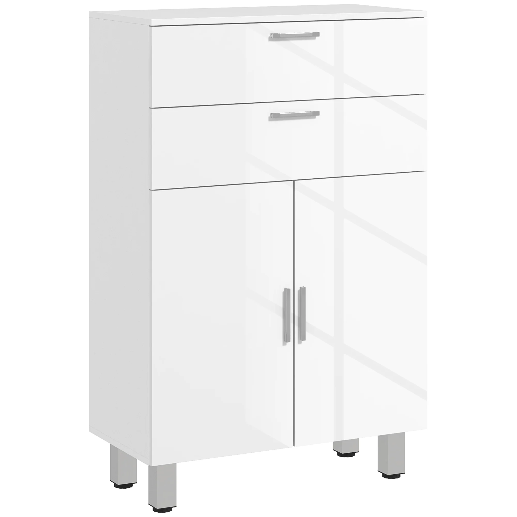 Meuble de salle de bain, meuble de rangement avec 2 tiroirs, placard à double porte, étagères réglables et base surélevée, armoire salle de bain, salon, chambre, 60x30x93cm, blanc brillant - Image 11