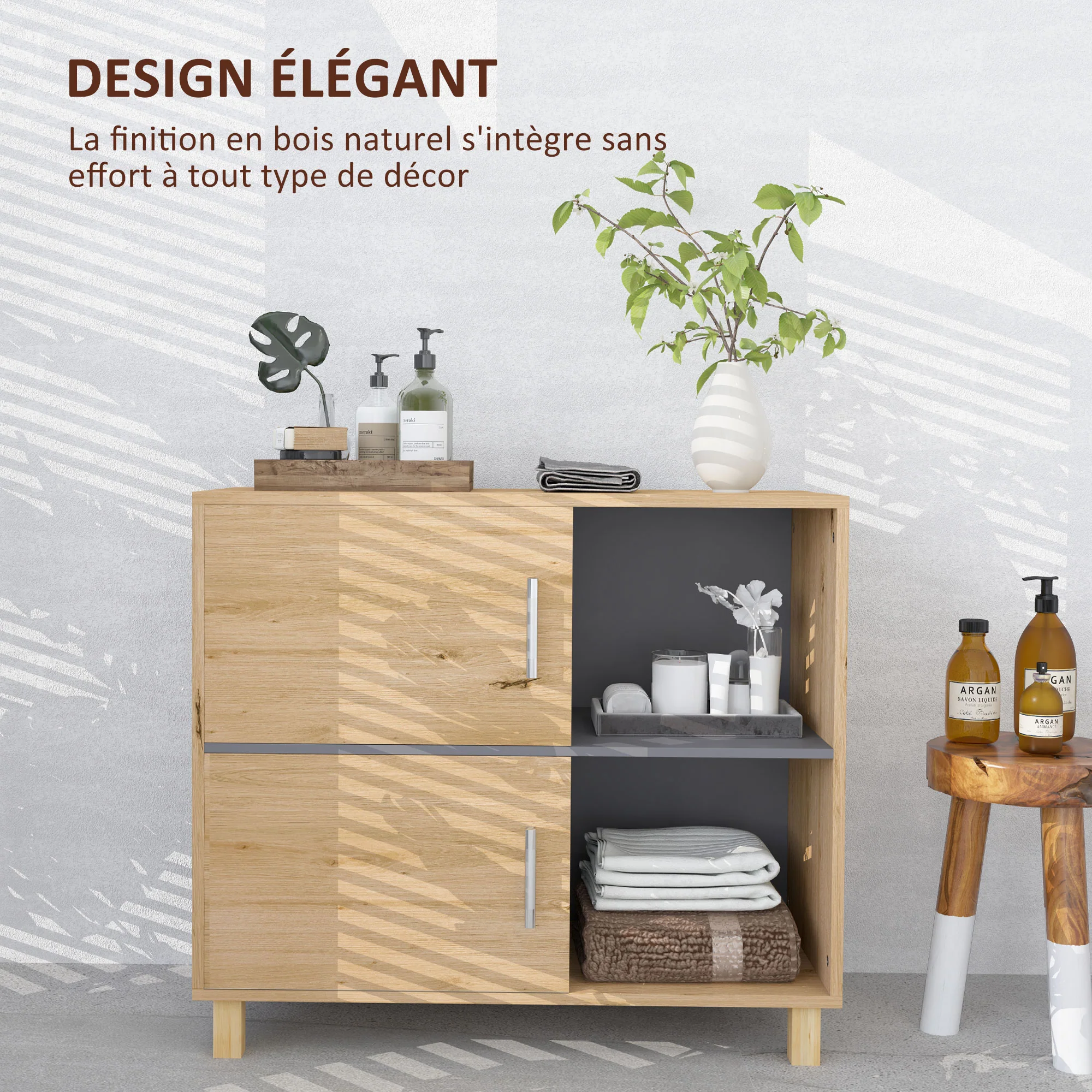 Meuble de salle de bain, meuble de rangement avec compartiments ouverts et placard, armoire salle de bain dim. 80l x 35P x 70H cm, bois naturel - Image 6