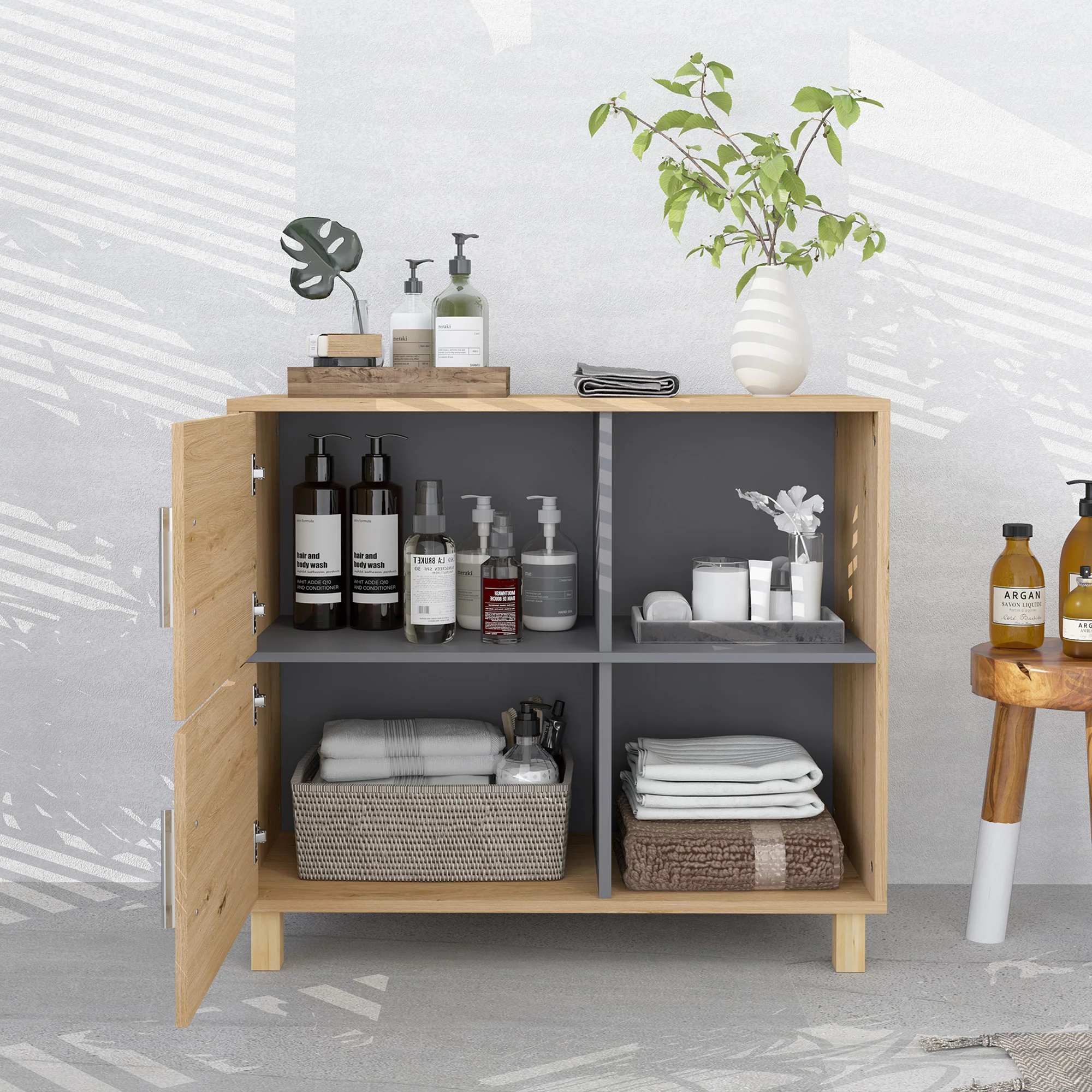 Meuble de salle de bain, meuble de rangement avec compartiments ouverts et placard, armoire salle de bain dim. 80l x 35P x 70H cm, bois naturel - Image 7