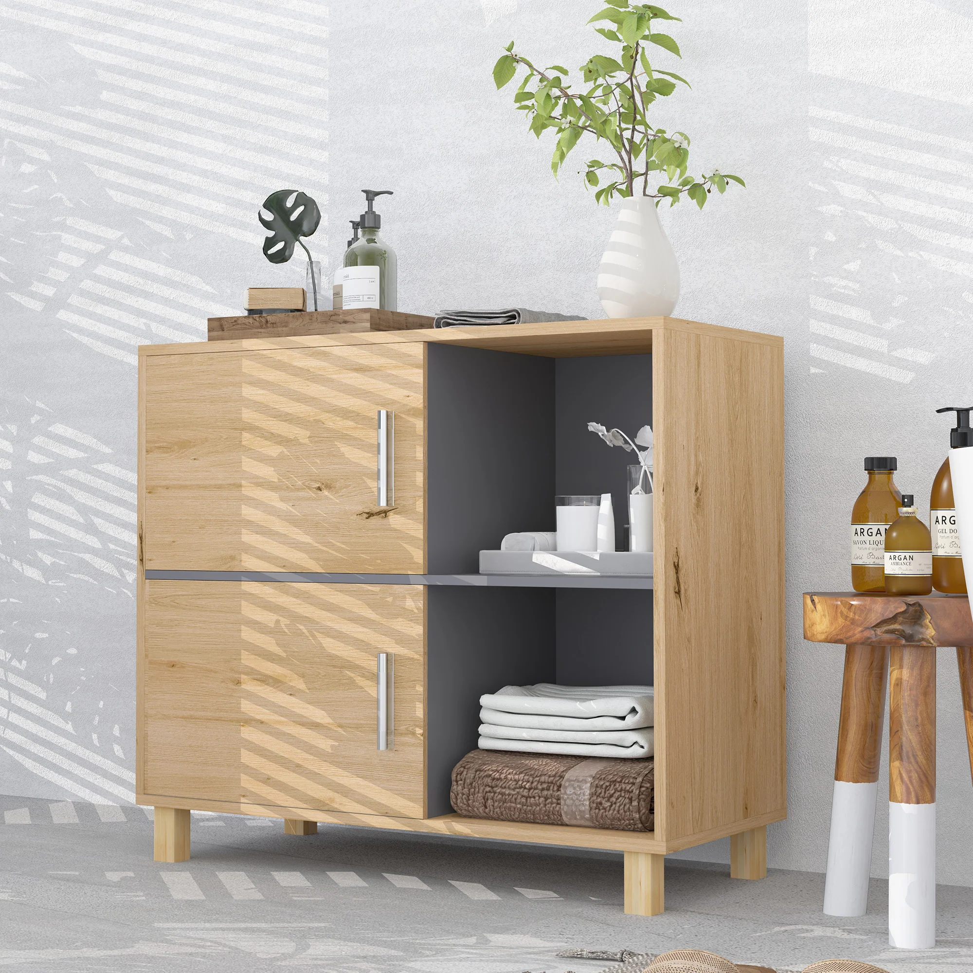 Meuble de salle de bain, meuble de rangement avec compartiments ouverts et placard, armoire salle de bain dim. 80l x 35P x 70H cm, bois naturel - Image 8
