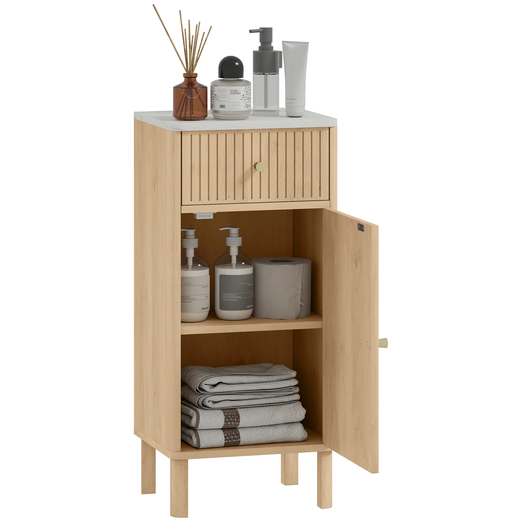 Meuble de salle de bain, meuble de rangement avec plateau effet marbre et porte rainurée, tiroir et étagère réglable, armoire salle de bain, salon, chambre, 36 x 30 x 80 cm, chêne - Image 11