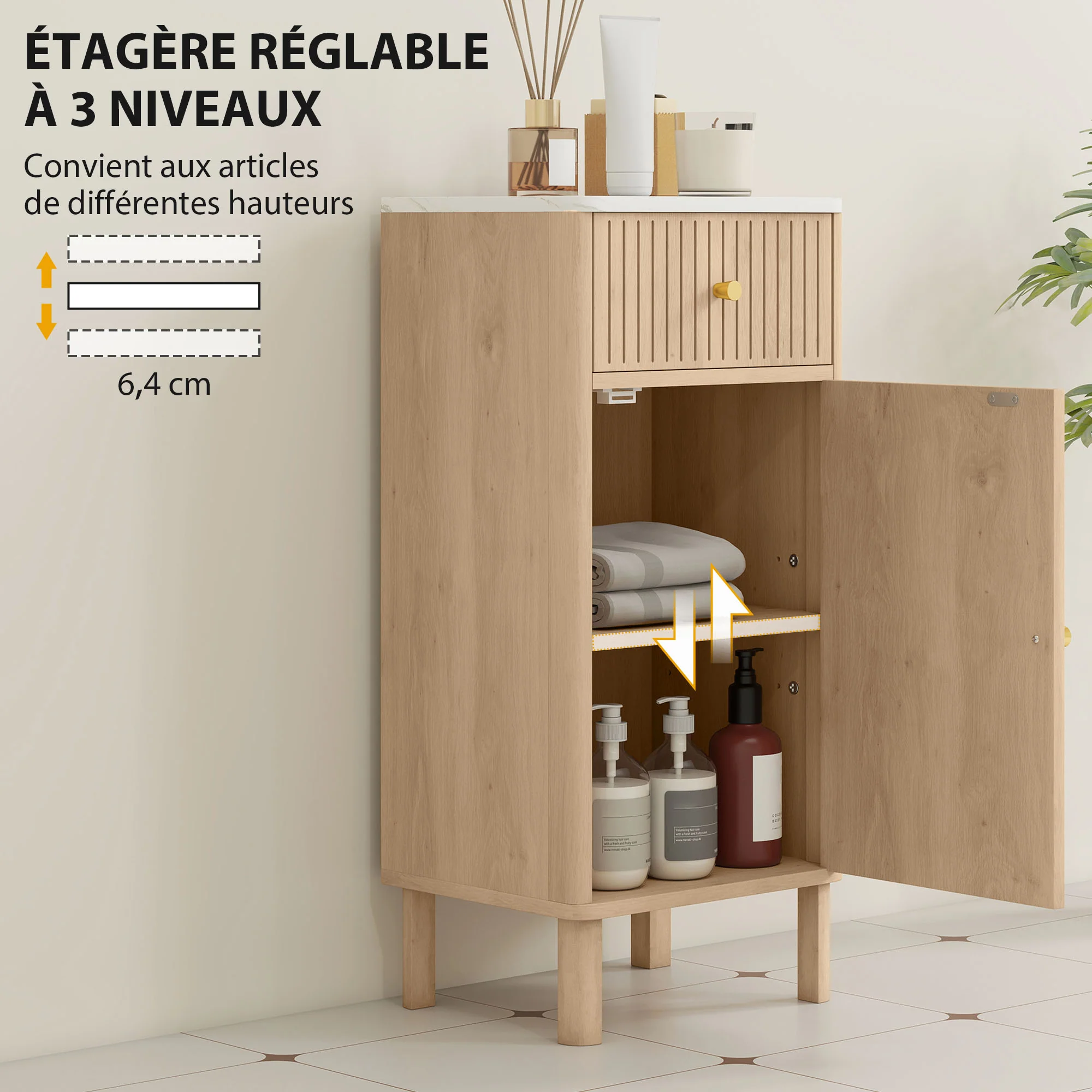 Meuble de salle de bain, meuble de rangement avec plateau effet marbre et porte rainurée, tiroir et étagère réglable, armoire salle de bain, salon, chambre, 36 x 30 x 80 cm, chêne - Image 6