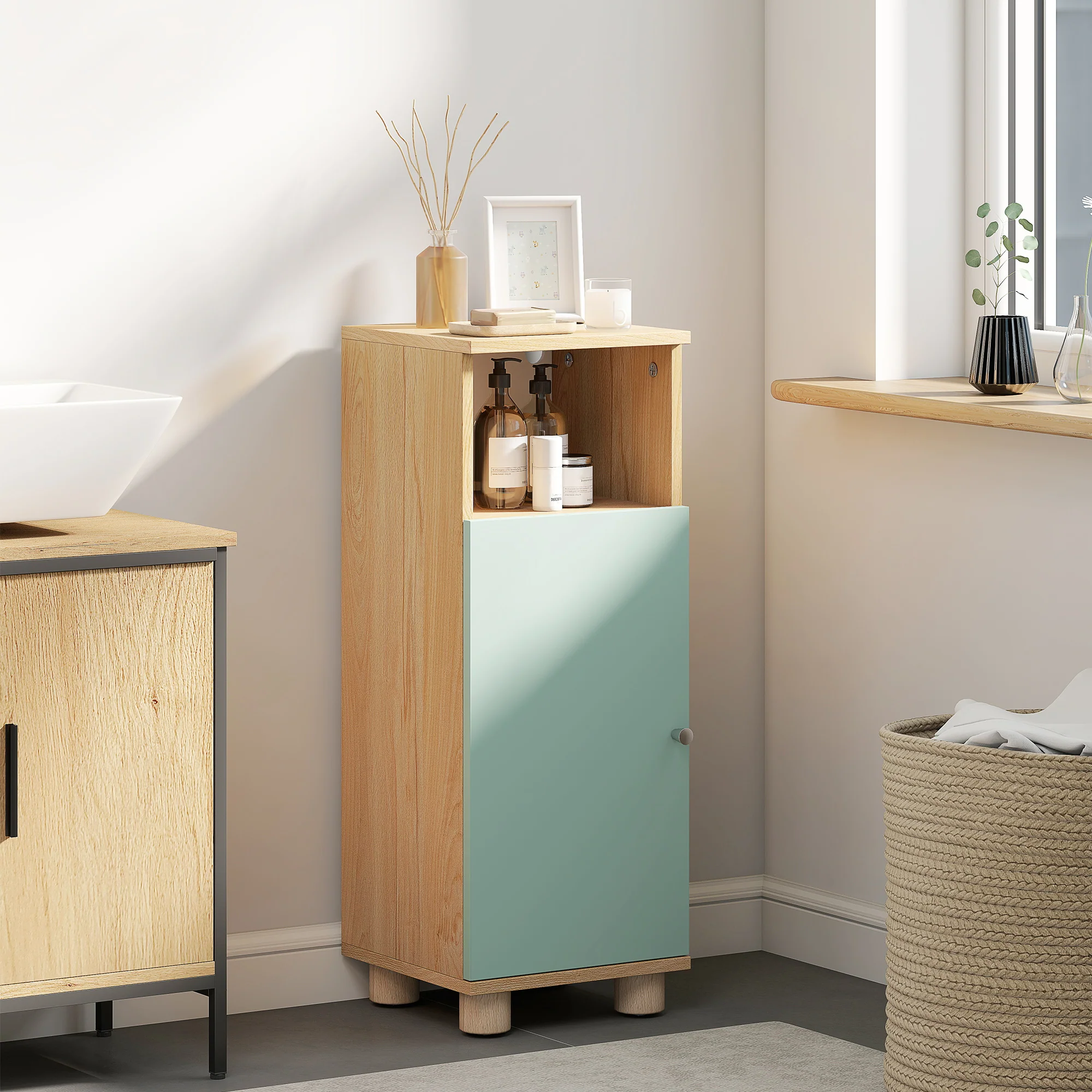 Meuble de salle de bain, meuble de rangement étroit avec placard à porte et compartiment ouvert, armoire salle de bain, salon, chambre, petits espaces, 30x30x80cm, vert - Image 3