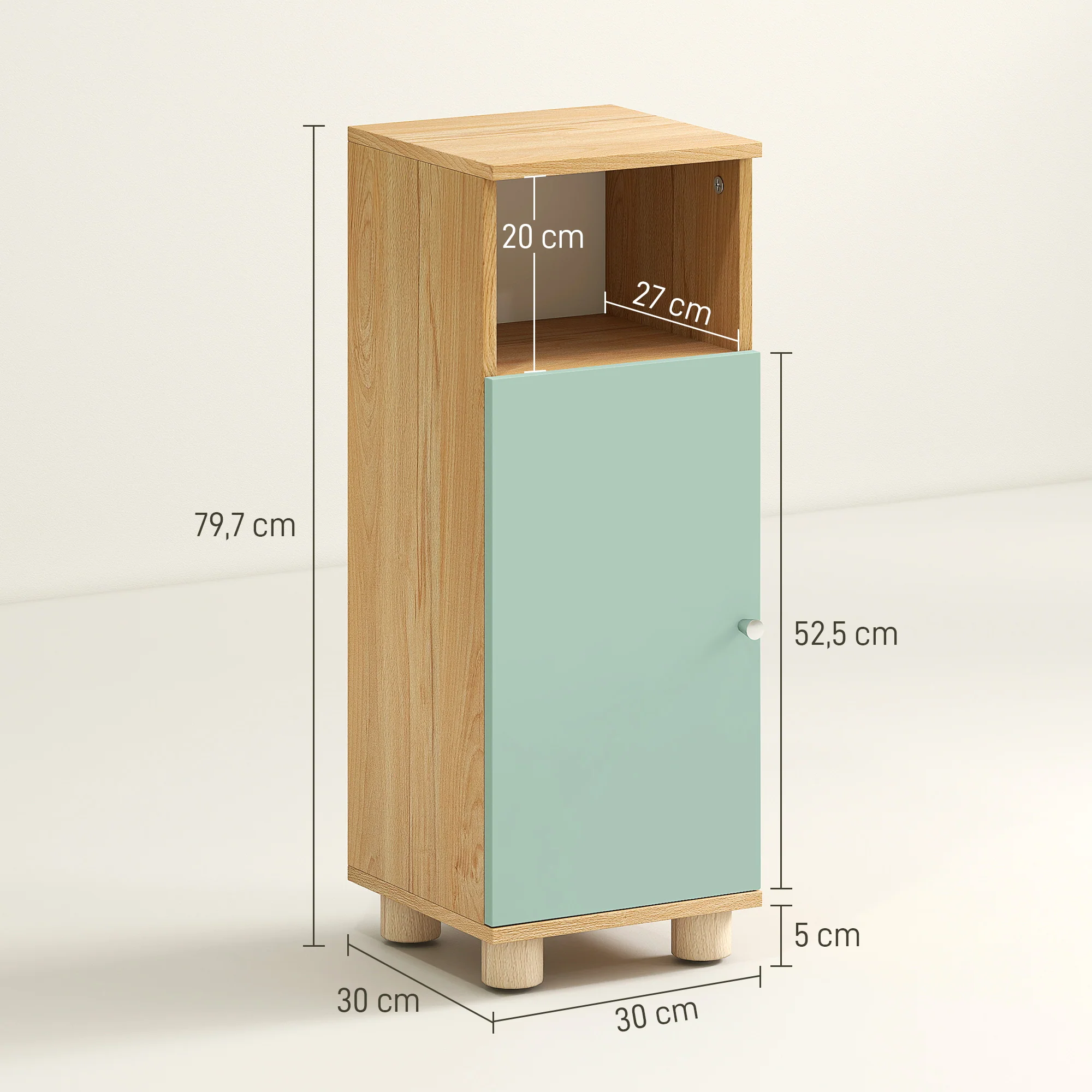 Meuble de salle de bain, meuble de rangement étroit avec placard à porte et compartiment ouvert, armoire salle de bain, salon, chambre, petits espaces, 30x30x80cm, vert - Image 4