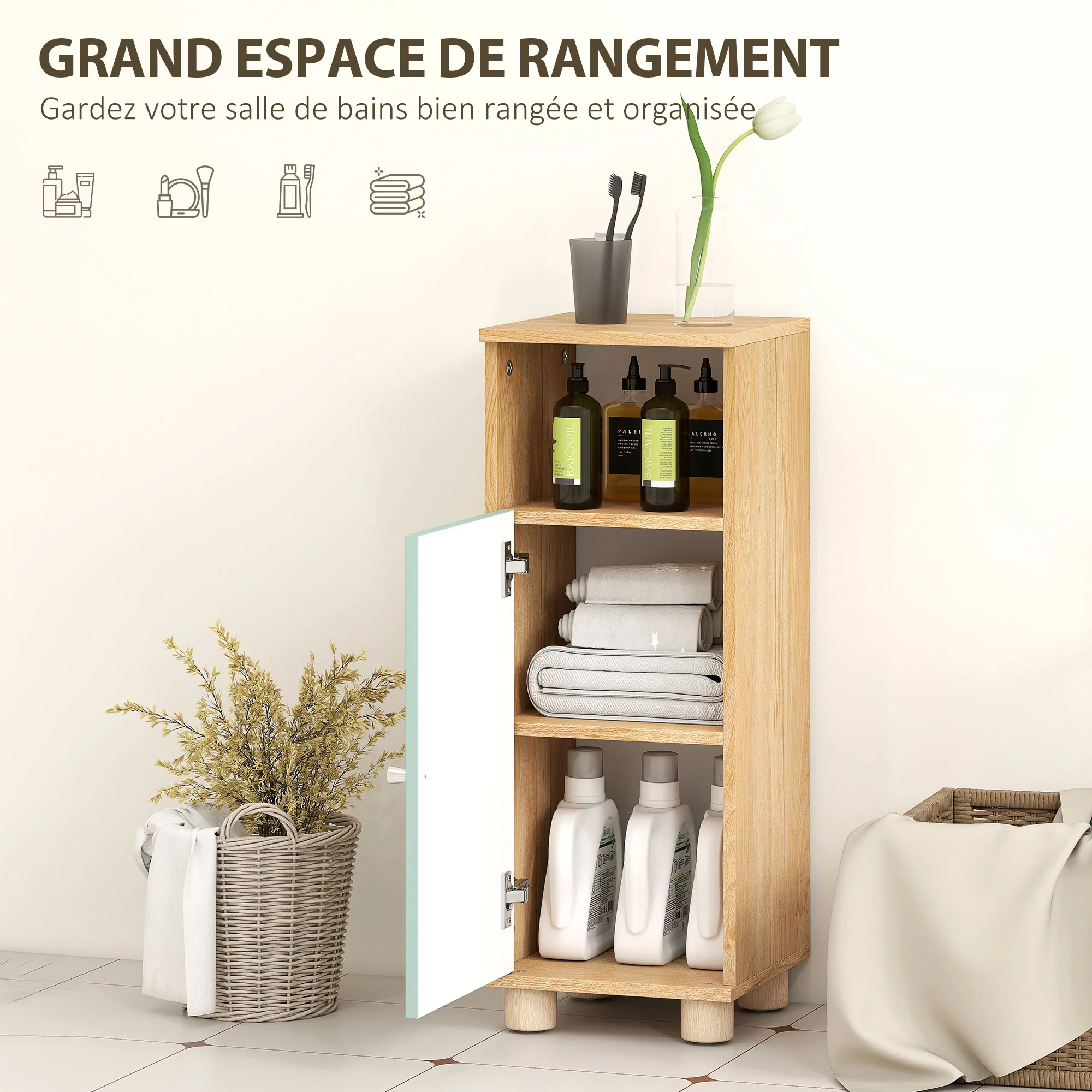 Meuble de salle de bain, meuble de rangement étroit avec placard à porte et compartiment ouvert, armoire salle de bain, salon, chambre, petits espaces, 30x30x80cm, vert - Image 5