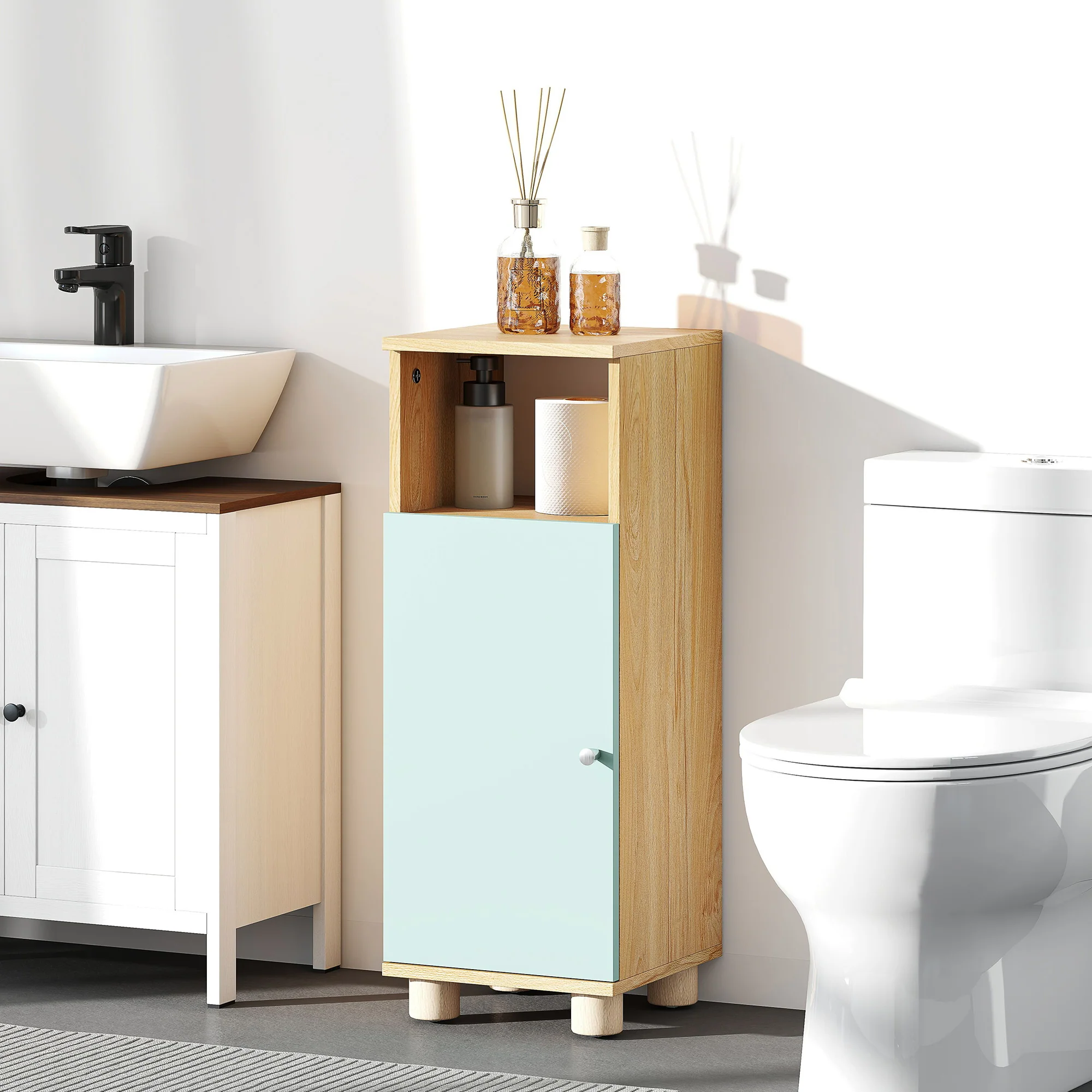 Meuble de salle de bain, meuble de rangement étroit avec placard à porte et compartiment ouvert, armoire salle de bain, salon, chambre, petits espaces, 30x30x80cm, vert - Image 7